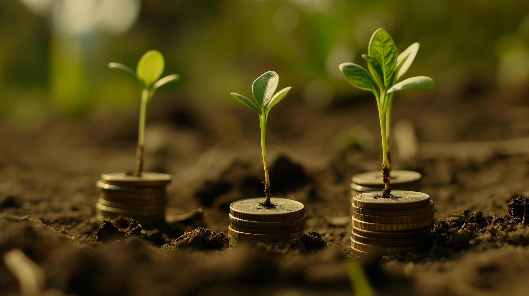 AI generated Sprouts Growing on Coin Stacks Looping Green Business Growth Recycling Renewable Energy Environmental Consciousness Concept photo
