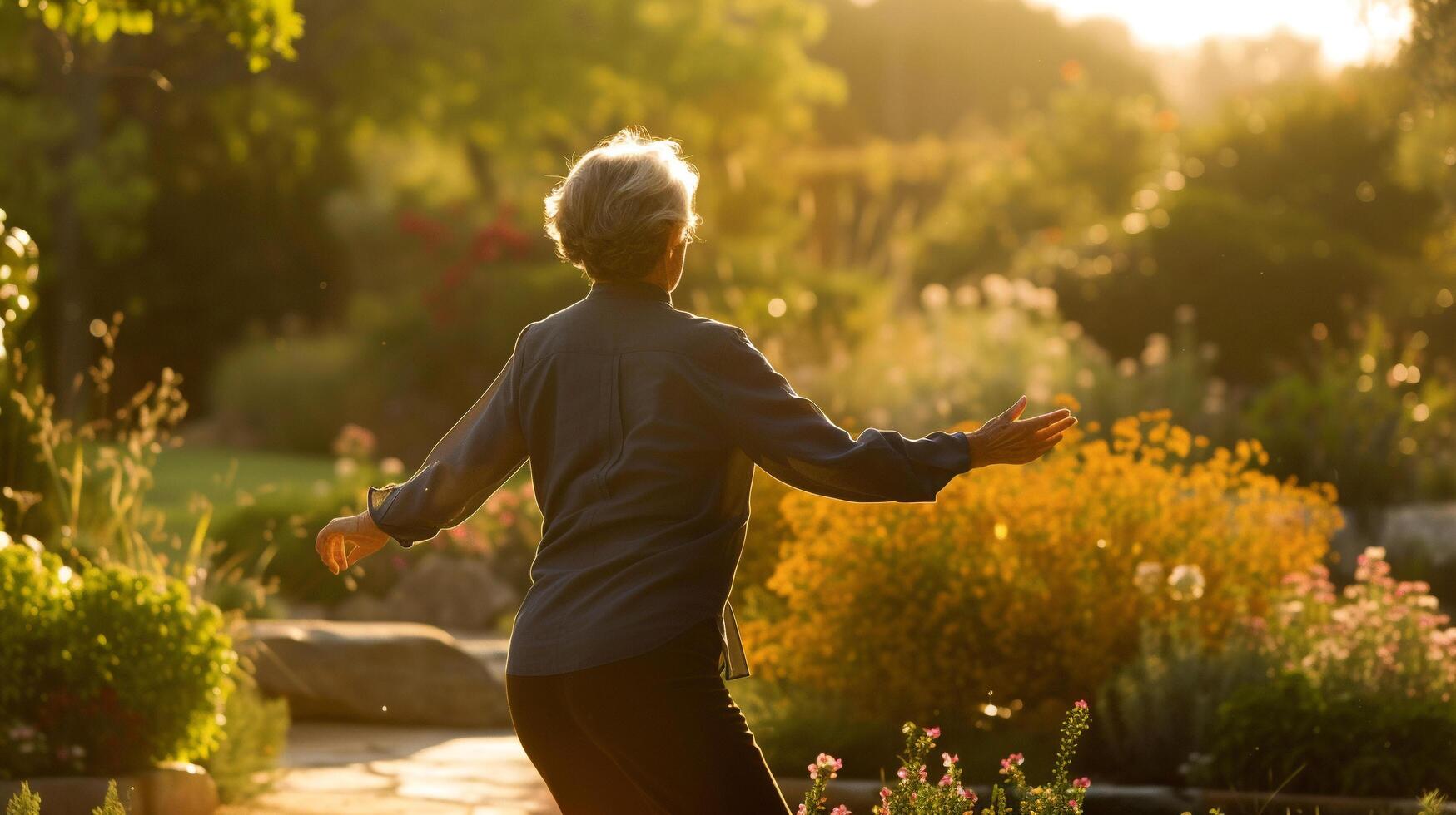 AI generated Mindful Movement Capture someone engaged in a mindful movement practice such as tai chi qigong or walking meditation in a peaceful outdoor setting photo