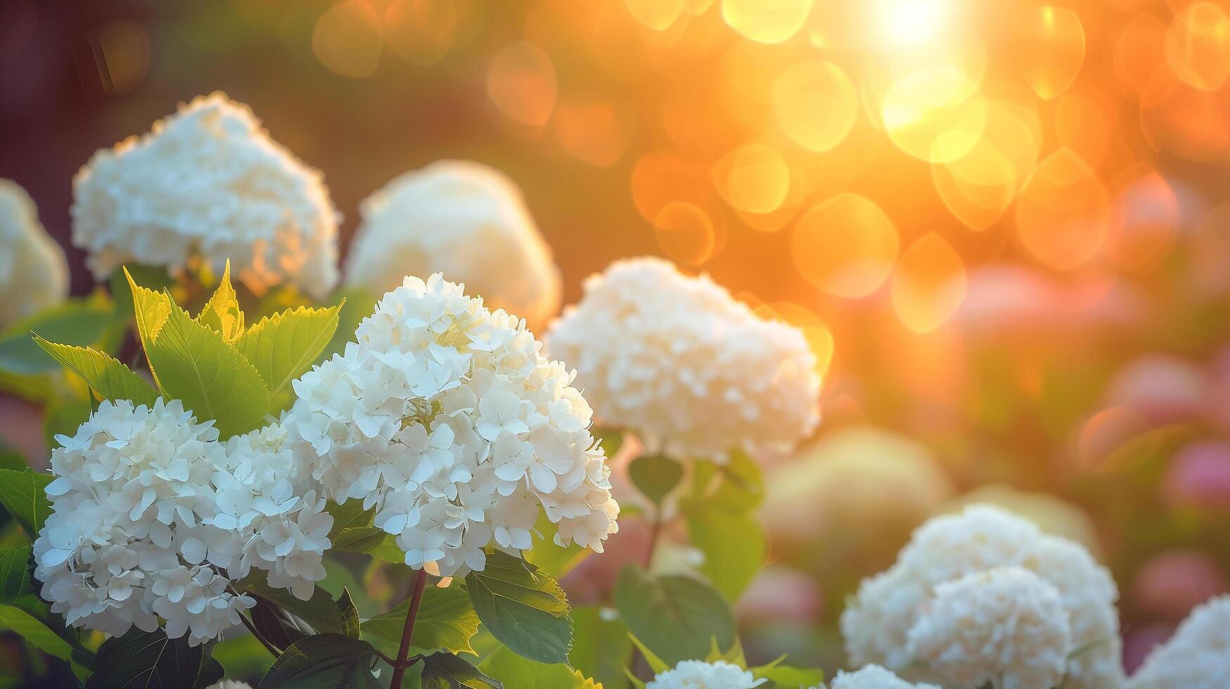 AI generated blooming white flowers in natural garden and sunrise in spring season copy space photo