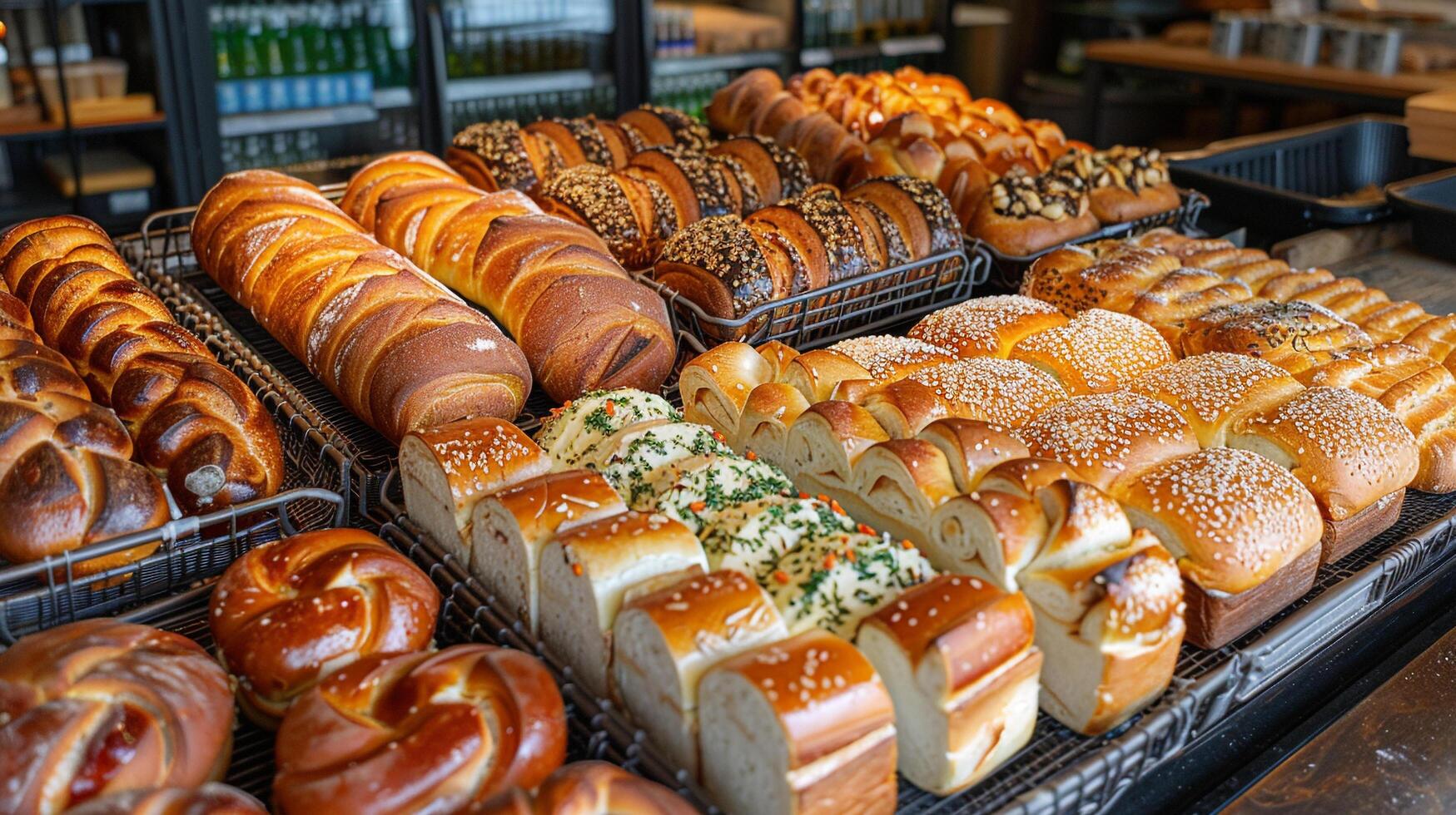 ai generado vistoso surtido de artesanal un pan panes a un panadería foto