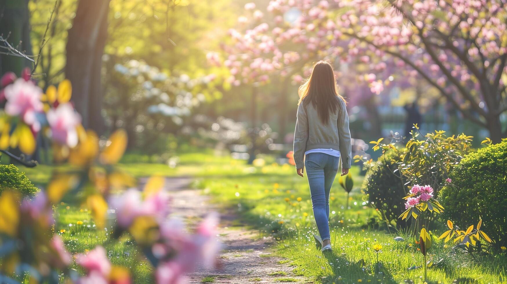 AI generated A woman enjoying a leisurely walk in a park admiring the spring blooms and soaking up the sunshine photo