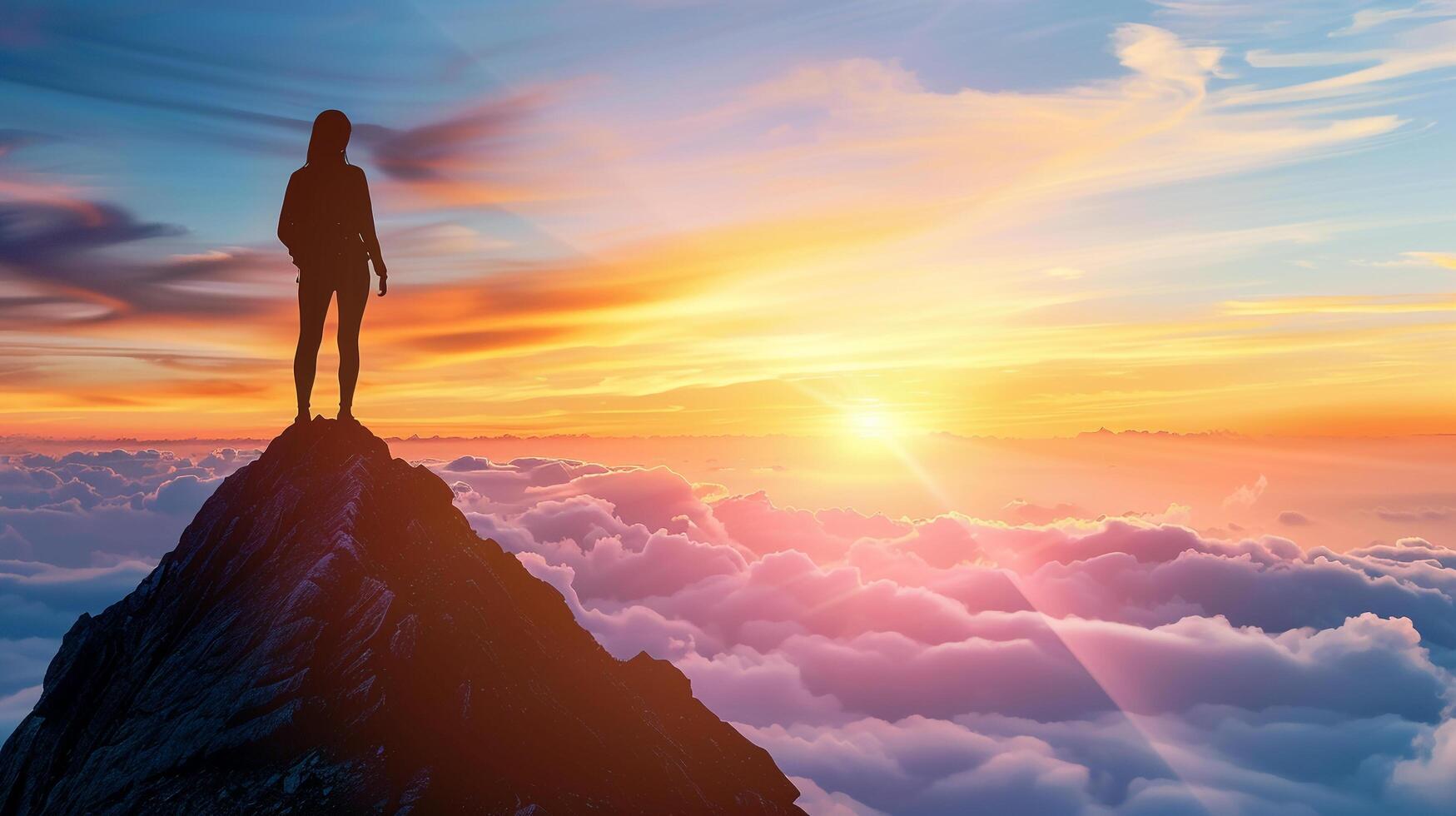 AI generated A silhouette of a person standing on top of a mountain peak looking out at a sunset symbolizing reaching business goals photo