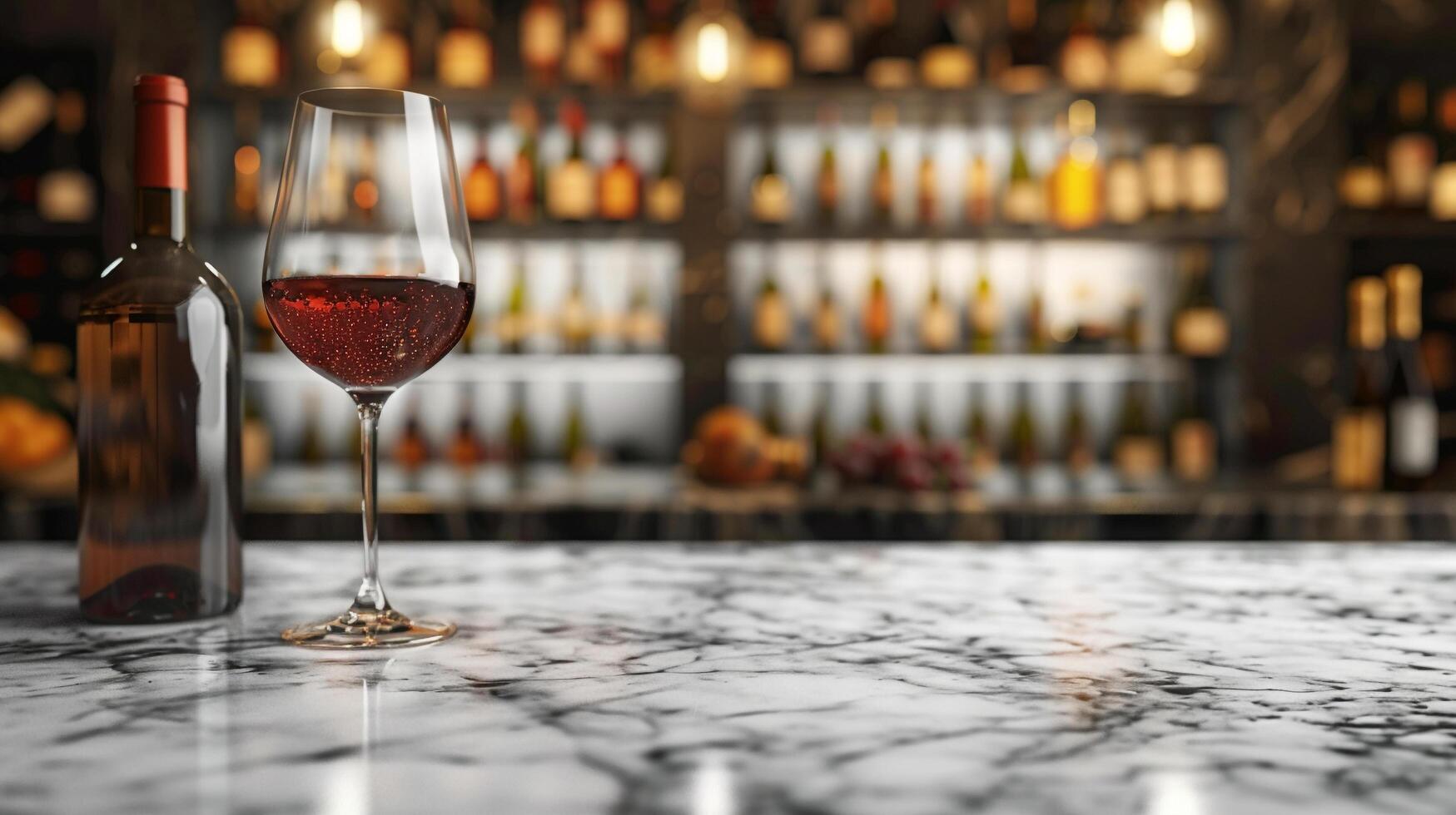 AI generated A blank marble tabletop with blurred wine glasses and bottles in the background suitable for showcasing wine or beverage products photo