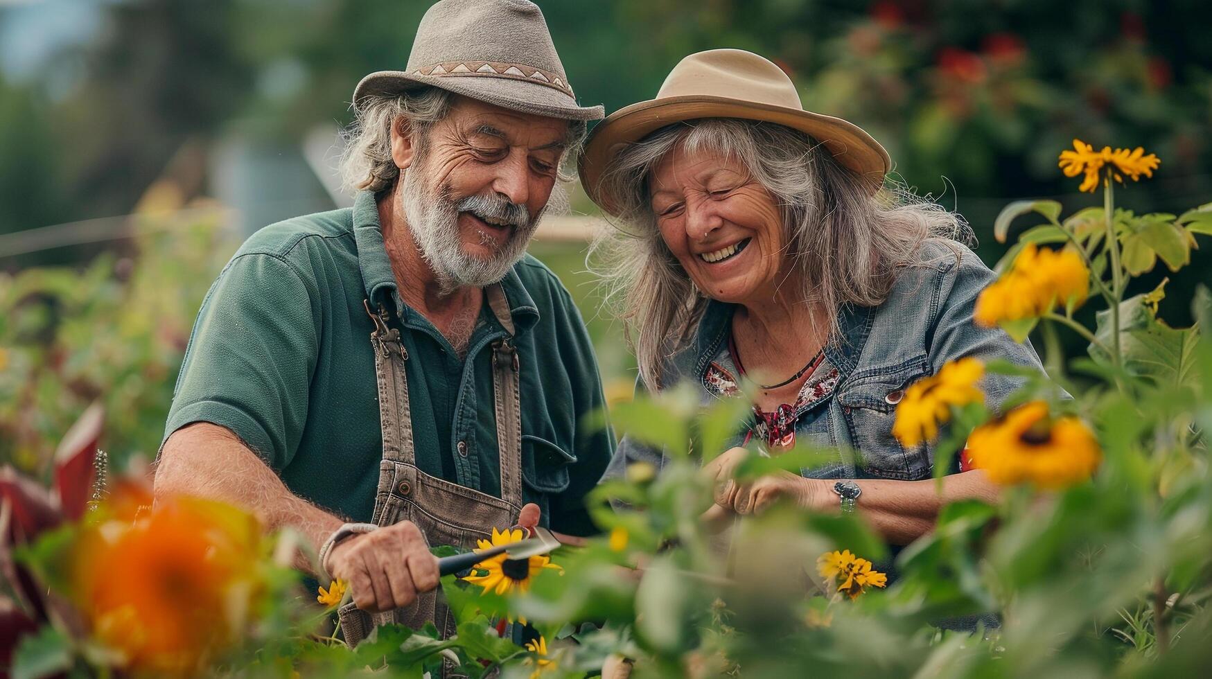 ai generado un mayor Pareja quedarse activo por jardinería juntos foto