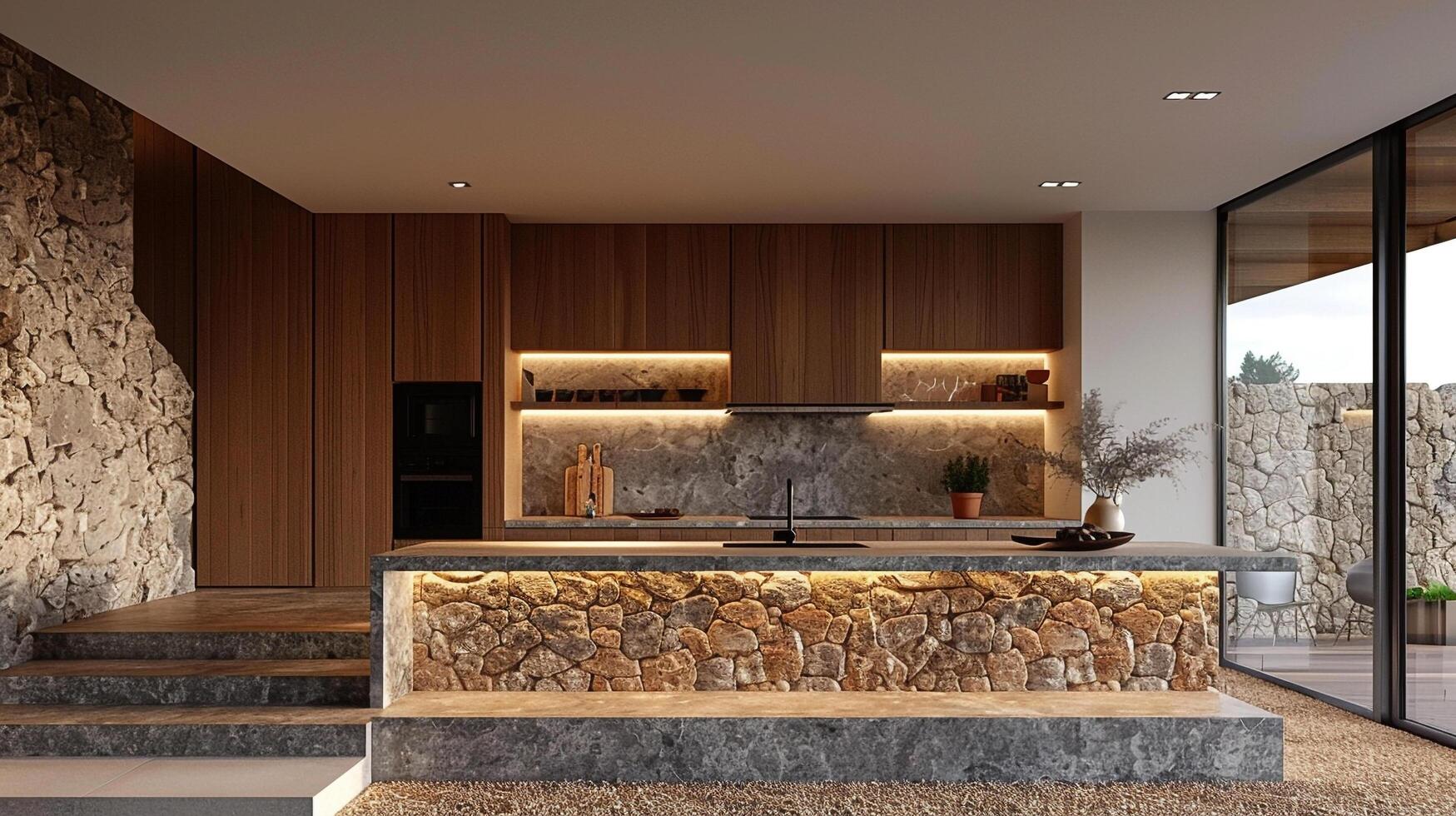 AI generated Bulk head inside a modern kitchen with stone bench interior design photo