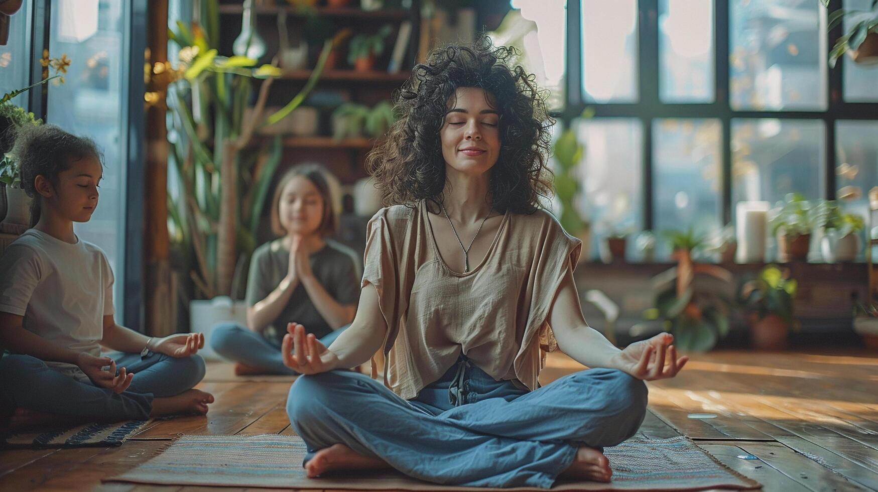 ai generado un madre y hija practicando meditación juntos a hogar foto