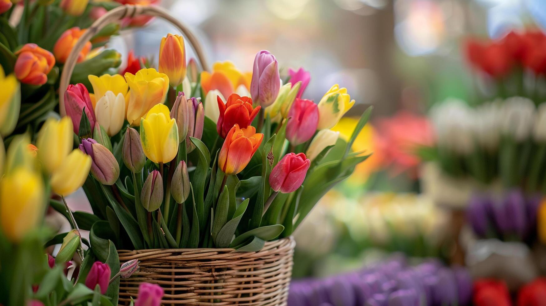 ai generado un cerca arriba Disparo de vistoso primavera flores arreglado en un cesta simbolizando el belleza de el temporada foto