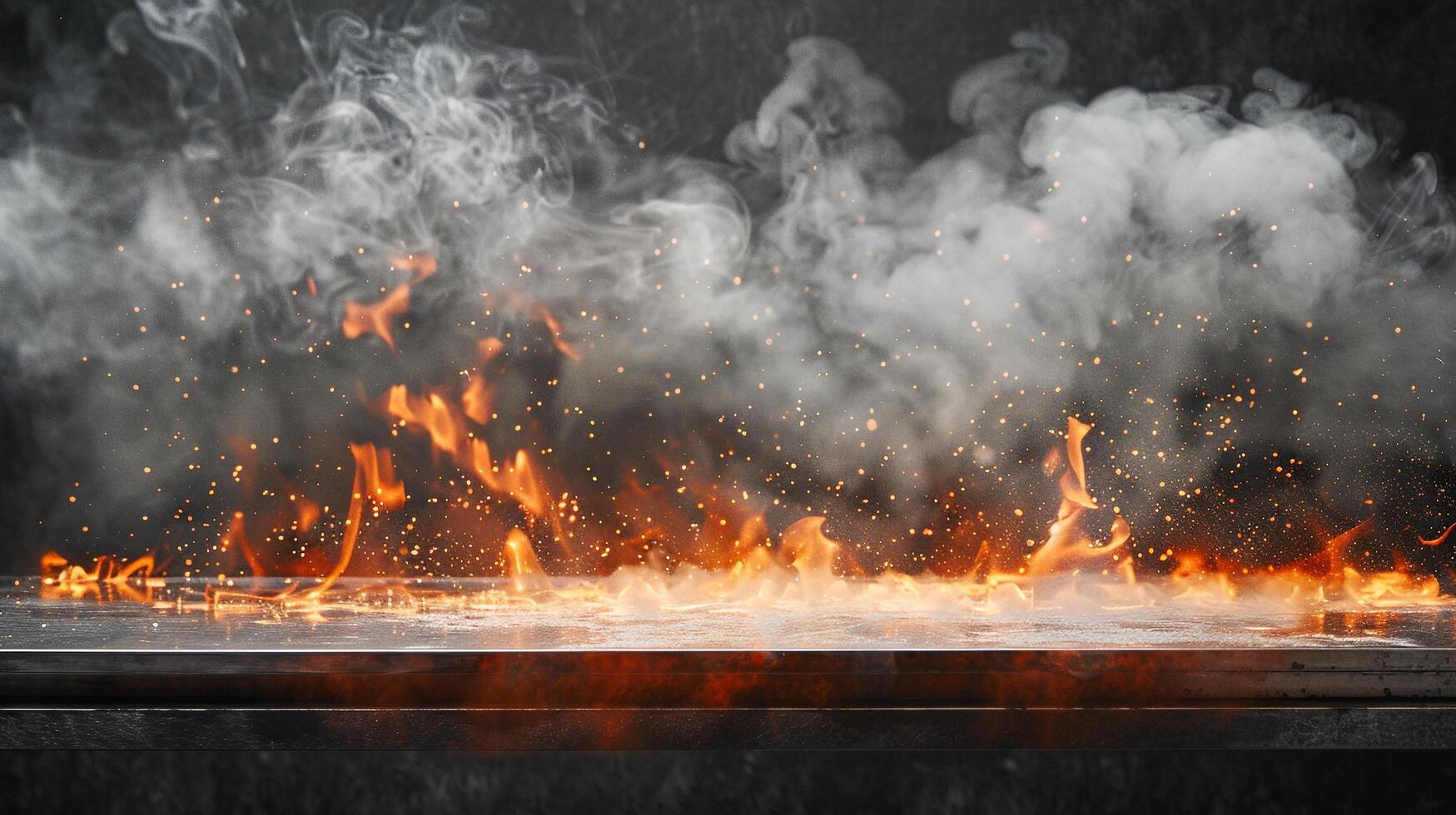 AI generated blank metal table with Fire burning at the edge of the table fire particles sparks and smoke in the air with fire flames on a white background to display products photo