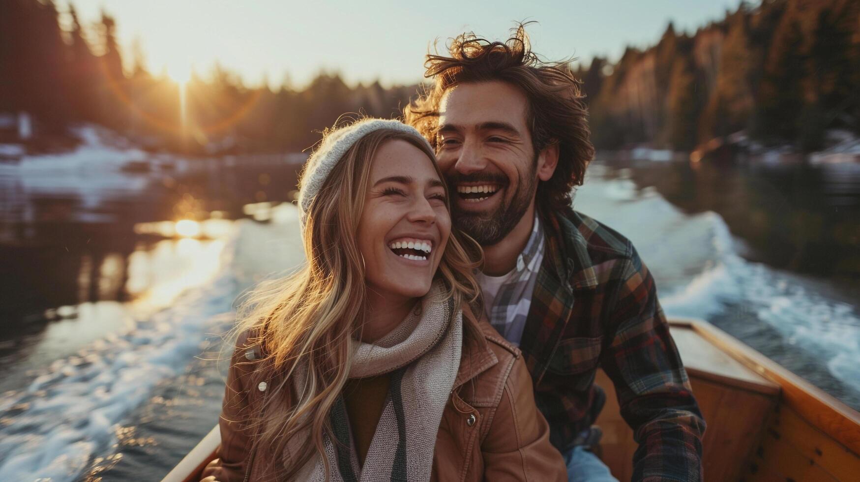 AI generated A young couple laughing and enjoying a boat ride on a tranquil lake surrounded by springtime scenery photo