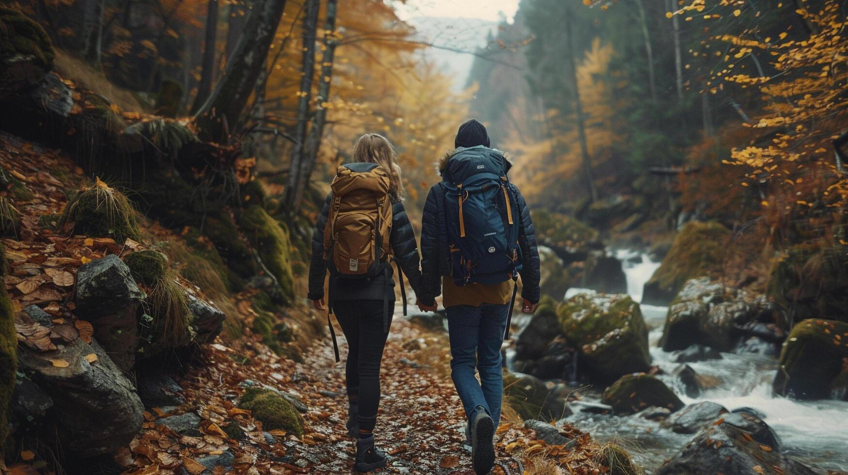 ai generado un Pareja excursionismo mediante un escénico bosque sendero foto