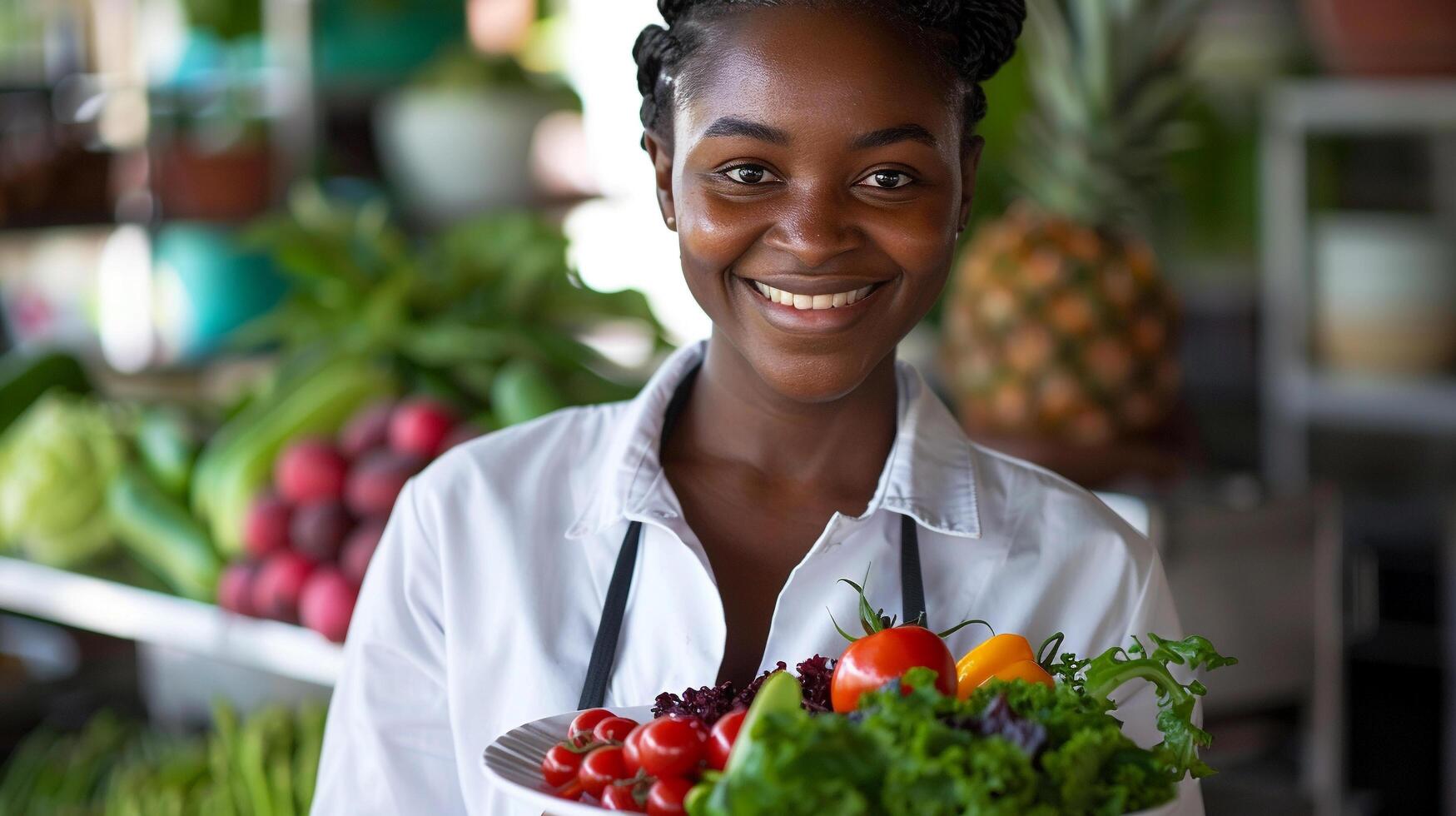 ai generado un sonriente nutricionista participación un plato de sano comida foto