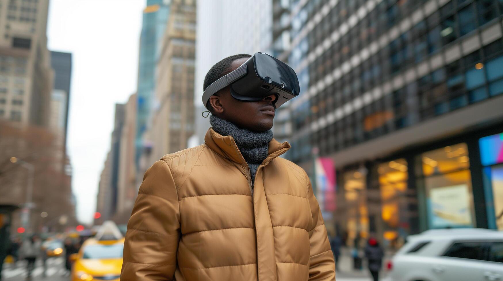 AI generated Young man using VR virtual reality glasses while walking in city street, lifestyle and technology concept photo