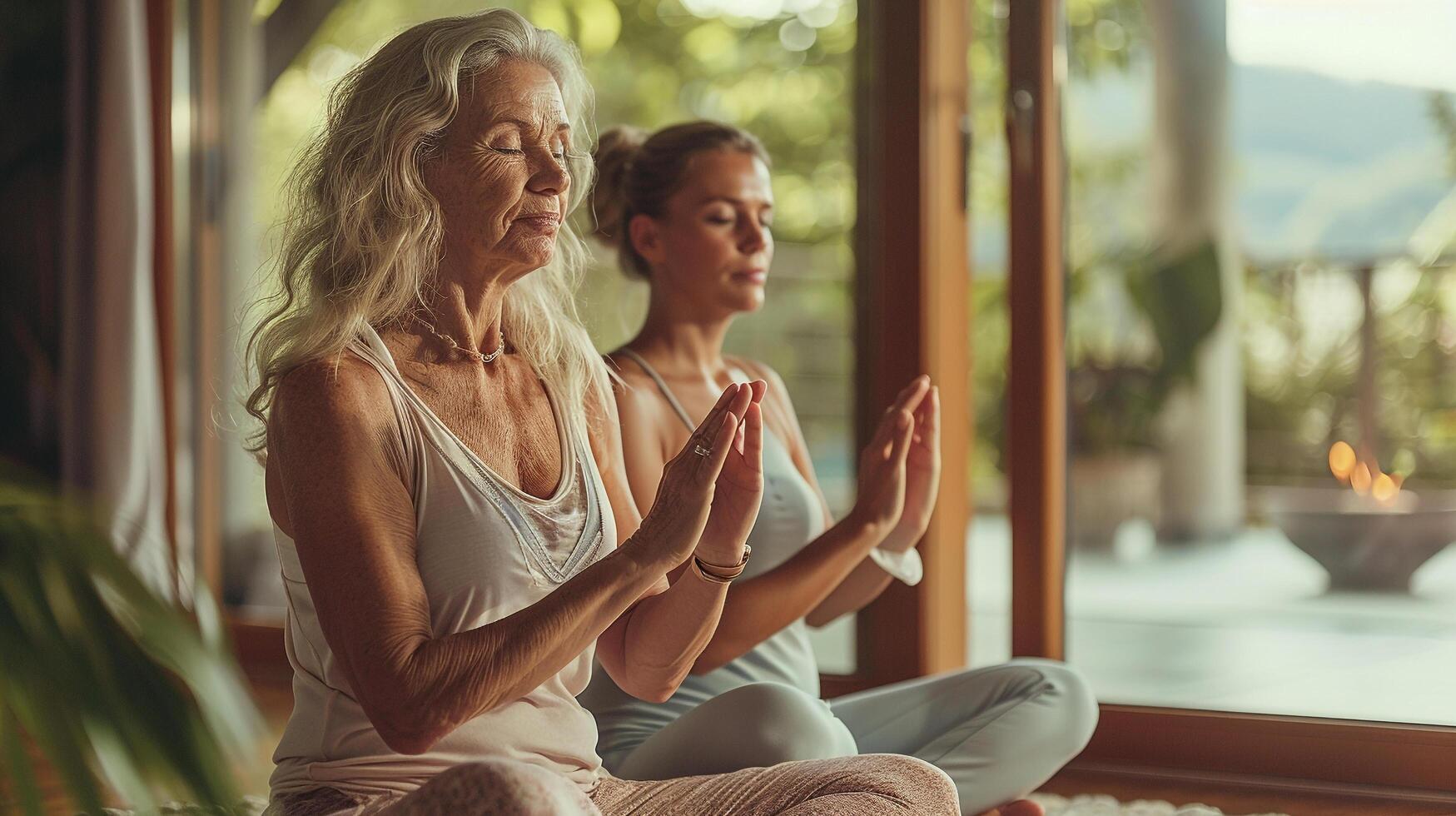 AI generated A mother and daughter practicing meditation together at home photo