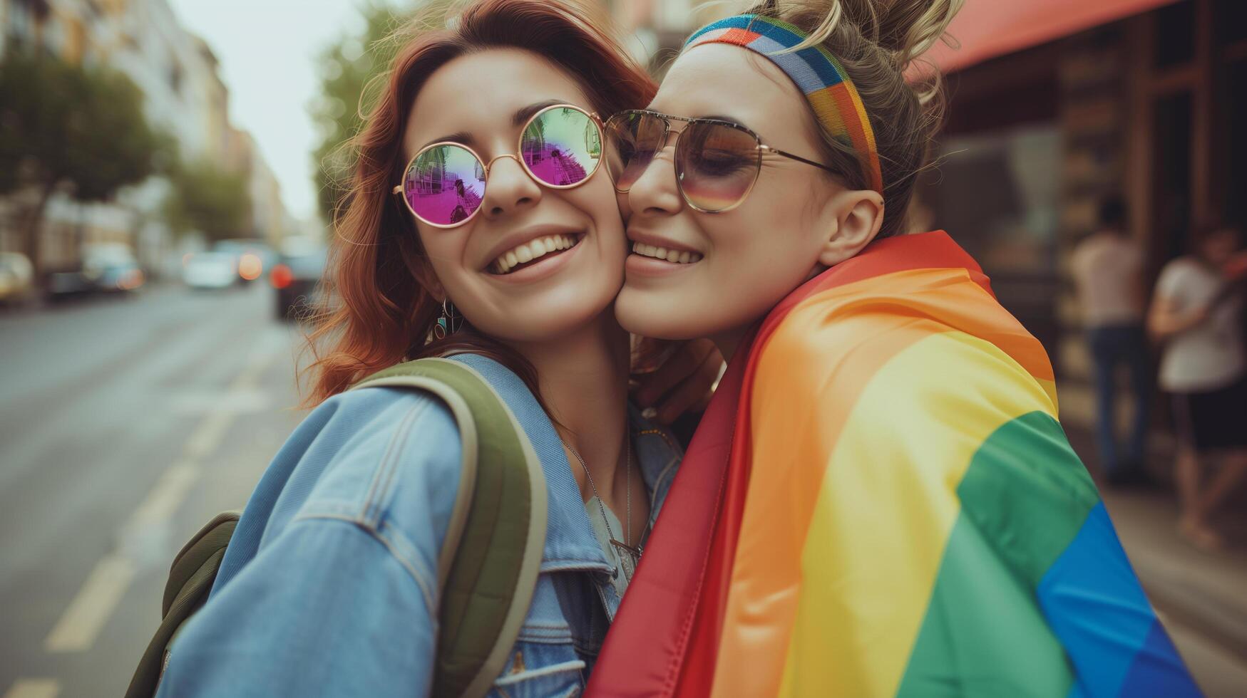 ai generado alegre contento lesbiana Pareja besos y abrazando con arco iris bandera durante el lgbtq desfile en el calle foto