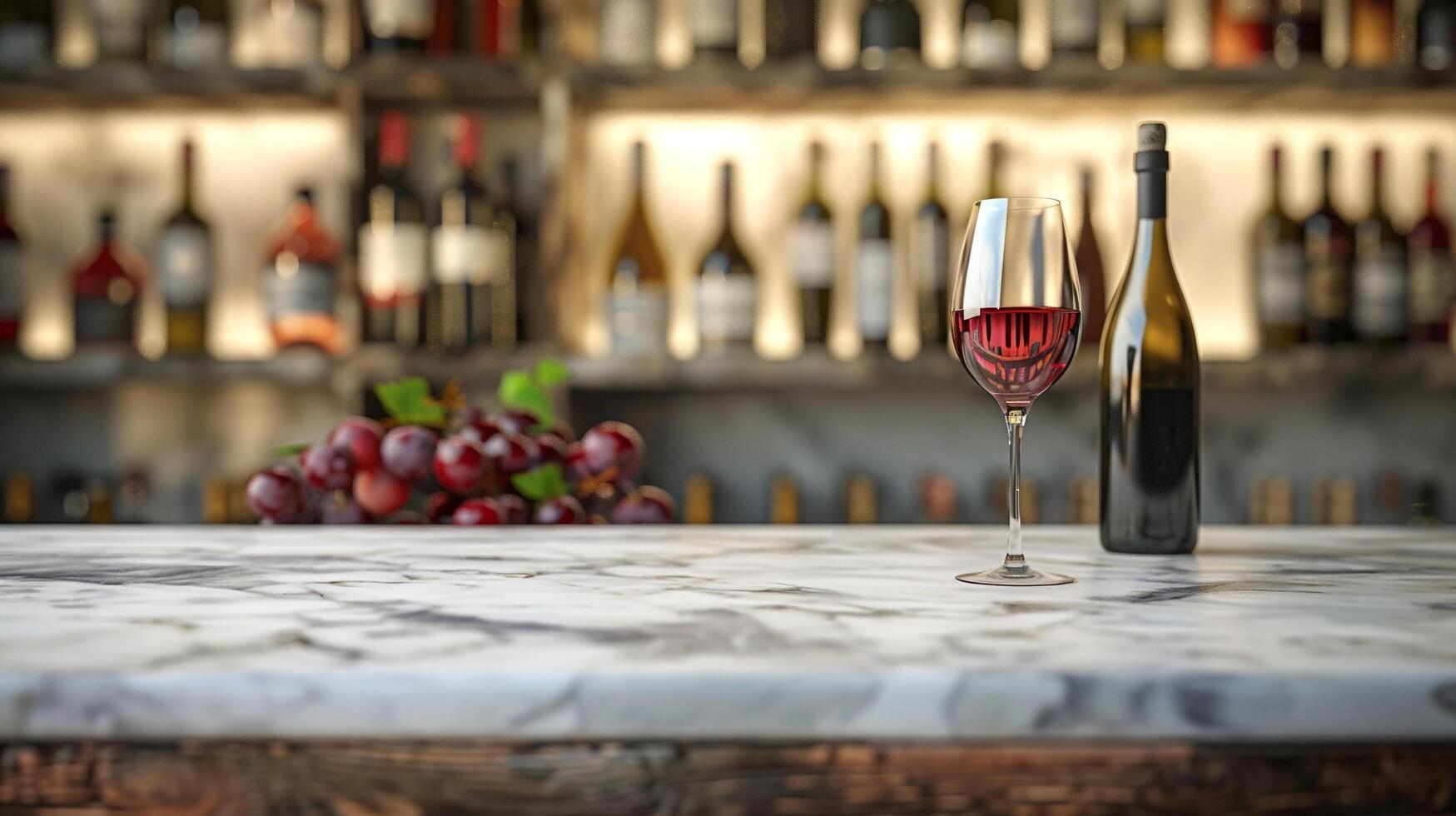 AI generated A blank marble tabletop with blurred wine glasses and bottles in the background suitable for showcasing wine or beverage products photo