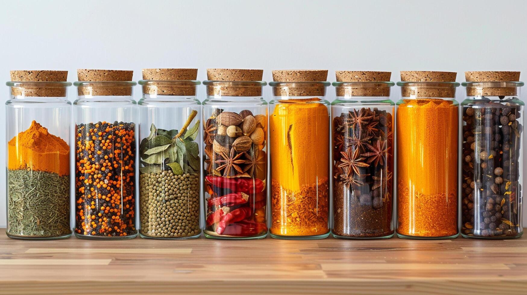 AI generated Jars filled with exotic spices on a kitchen shelf photo