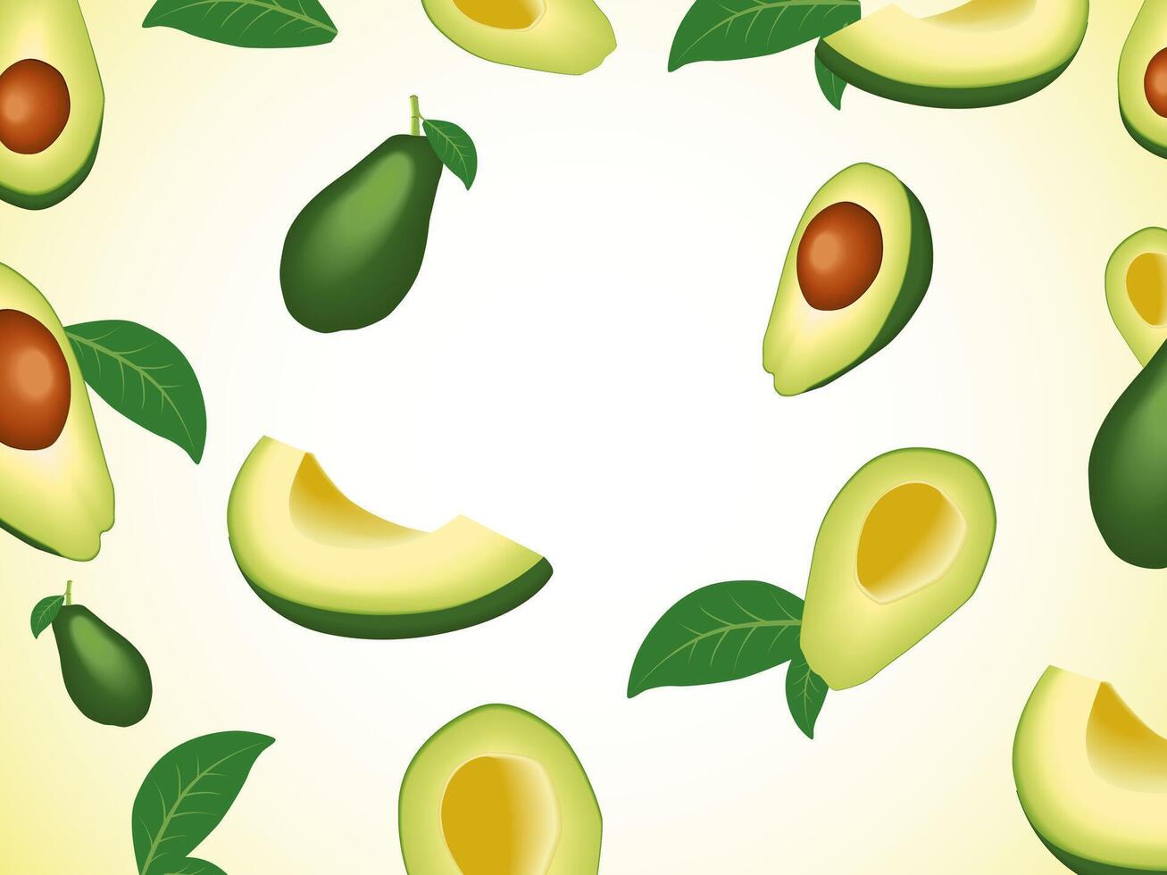 Falling fresh Avocado with Green Leaves. Flying slices of Avocado. vector