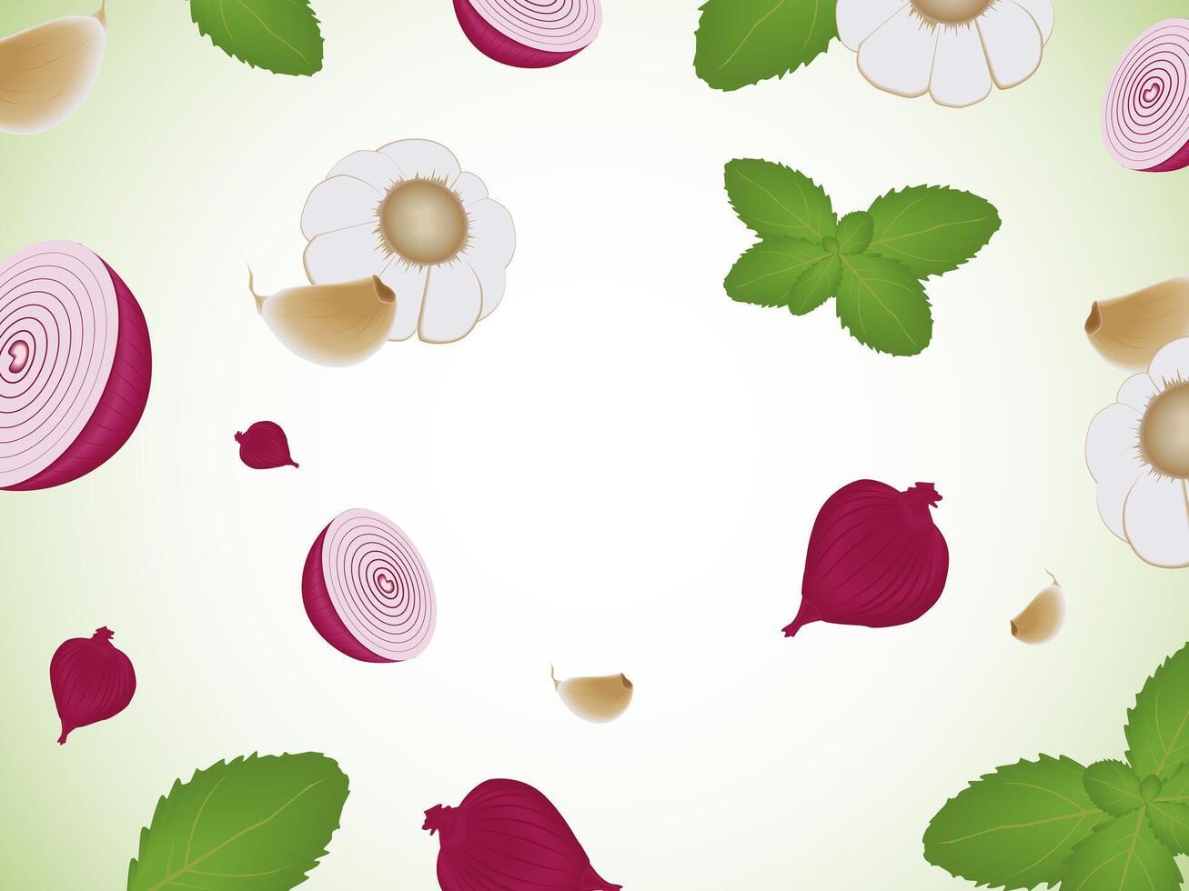Falling group of Shallots, Garlic and Peppermint Leaf, Flying Ingredient. vector