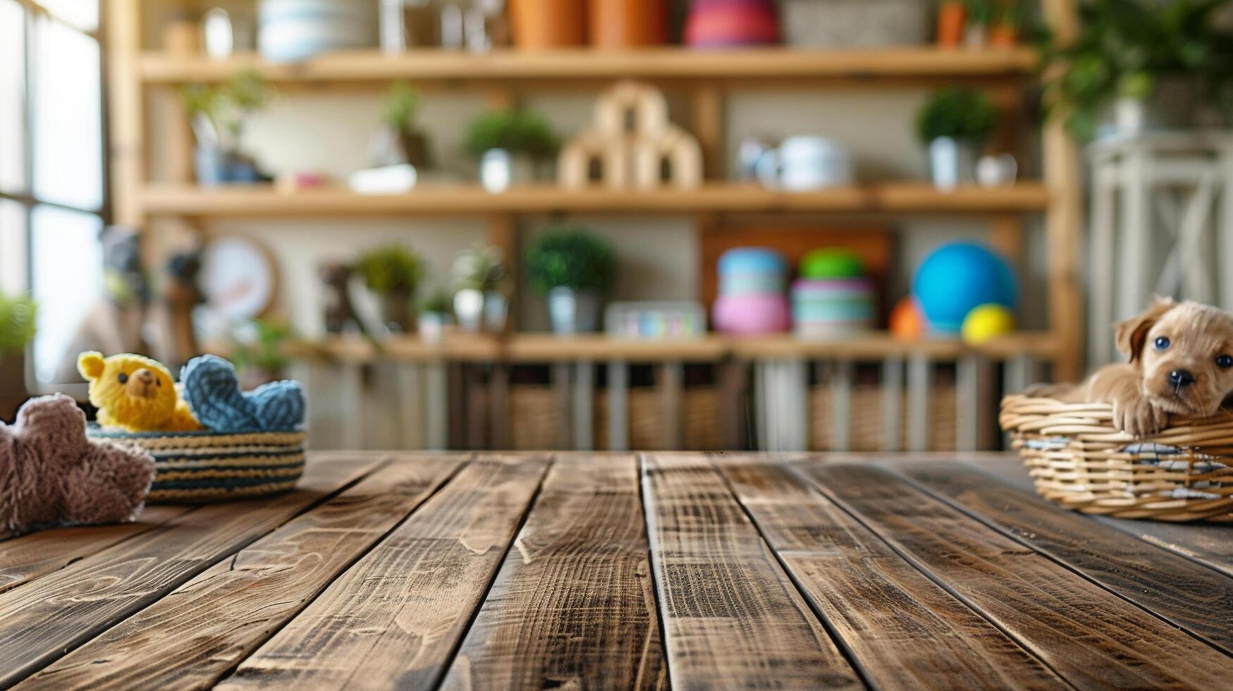 AI generated A blank wooden tabletop with blurred pet toys and accessories in the background perfect for promoting pet care products photo