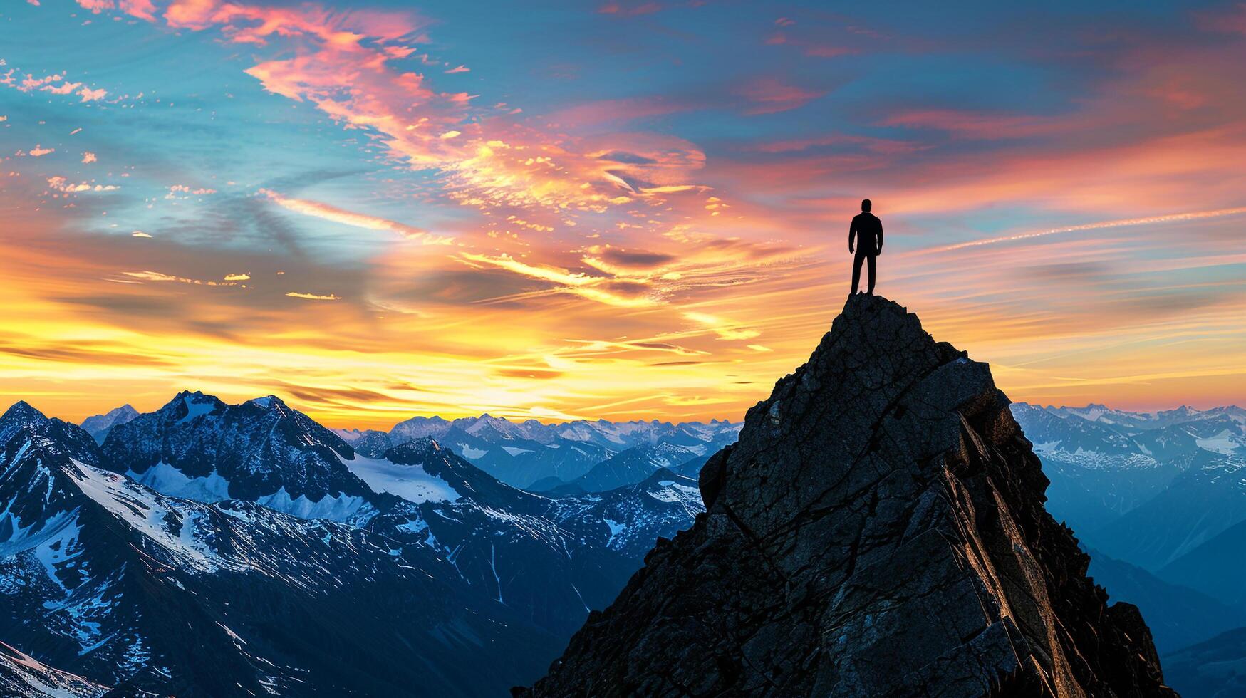 AI generated A silhouette of a person standing on top of a mountain peak looking out at a sunset symbolizing reaching business goals photo