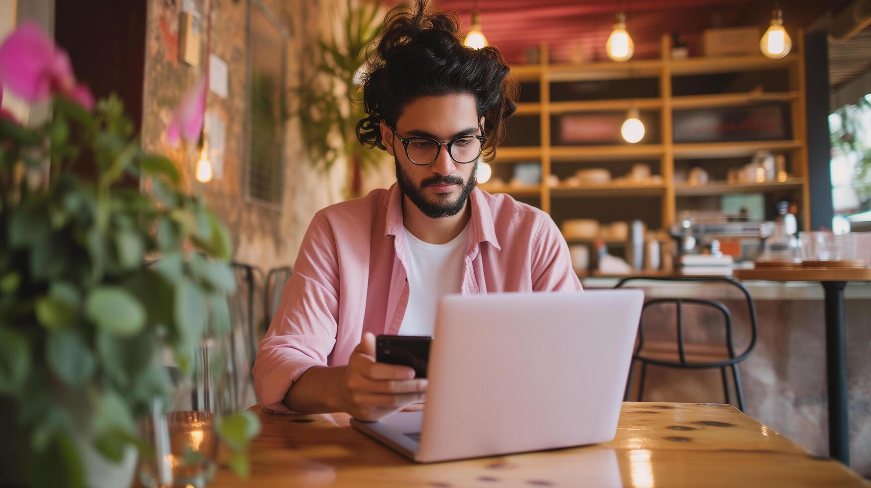 AI generated Digital nomad young man using laptop computer at the cafe, working remote and technology concept photo