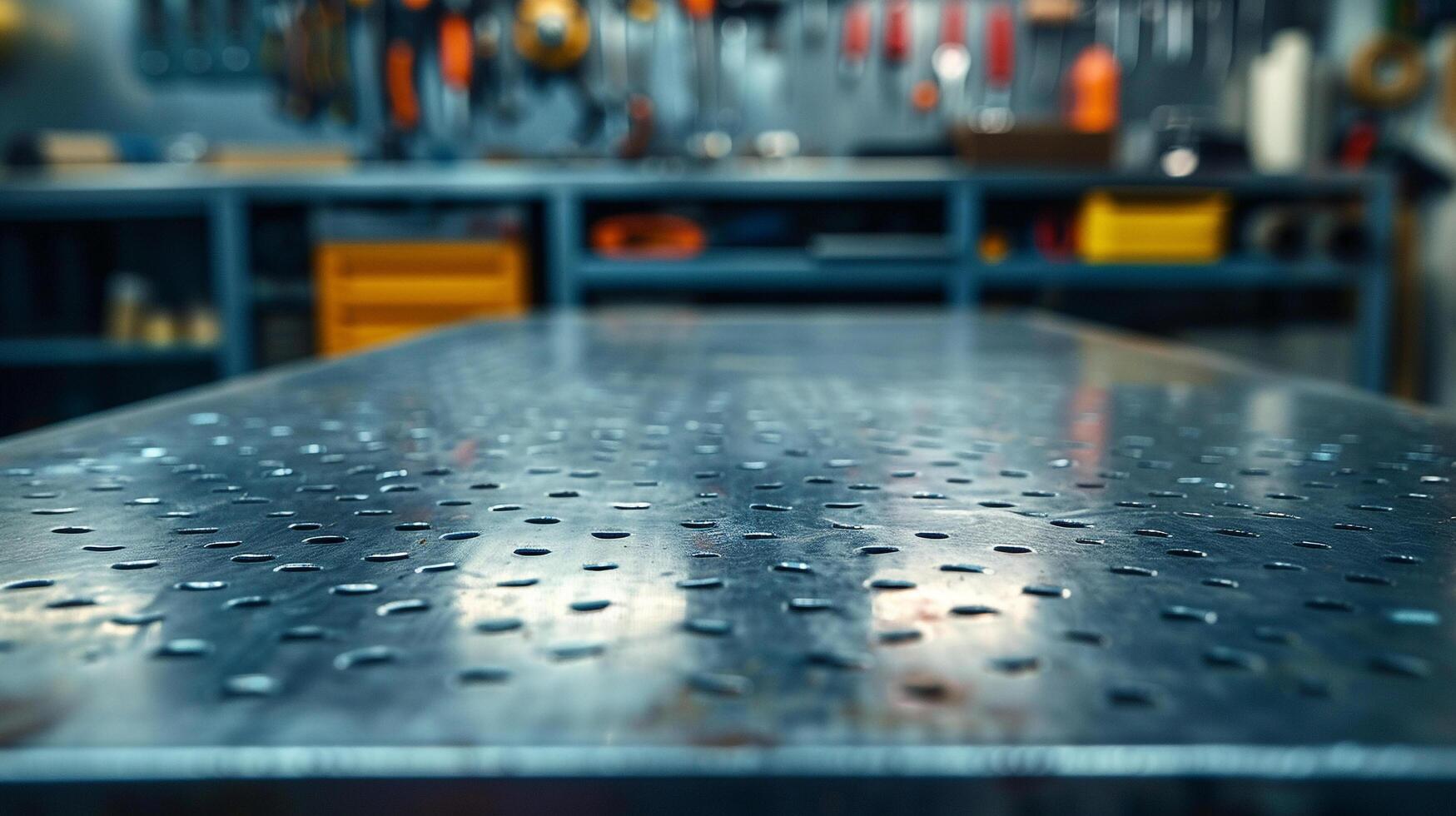 AI generated A metal blank tabletop with blurred automotive tools and parts in the background suitable for promoting automotive products photo