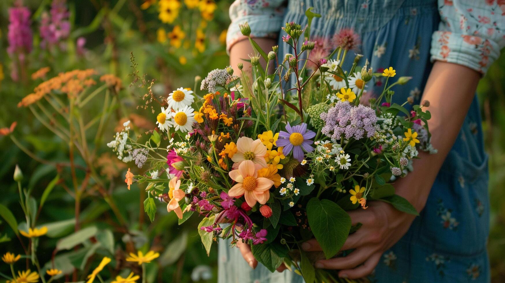 AI generated A pair of hands holding a freshly picked bouquet of wildflowers against a backdrop of lush spring foliage photo