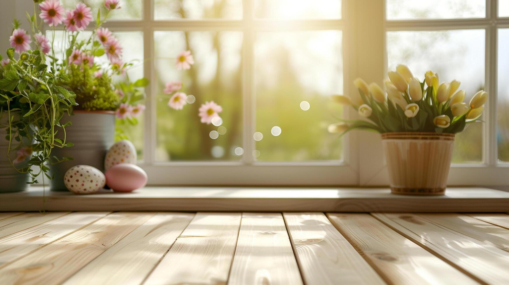 AI generated Abstract wooden tabletop with easter eggs and flower, copy space over blurred window interior background, display for product montage photo