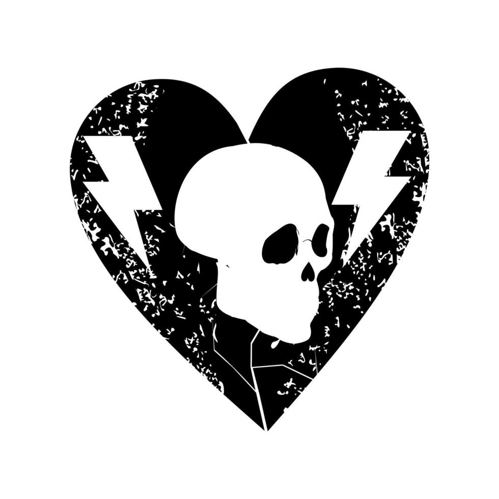 Black heart t-shirt design with symbols of thunder and a skull. Good illustration for satanic themes. vector