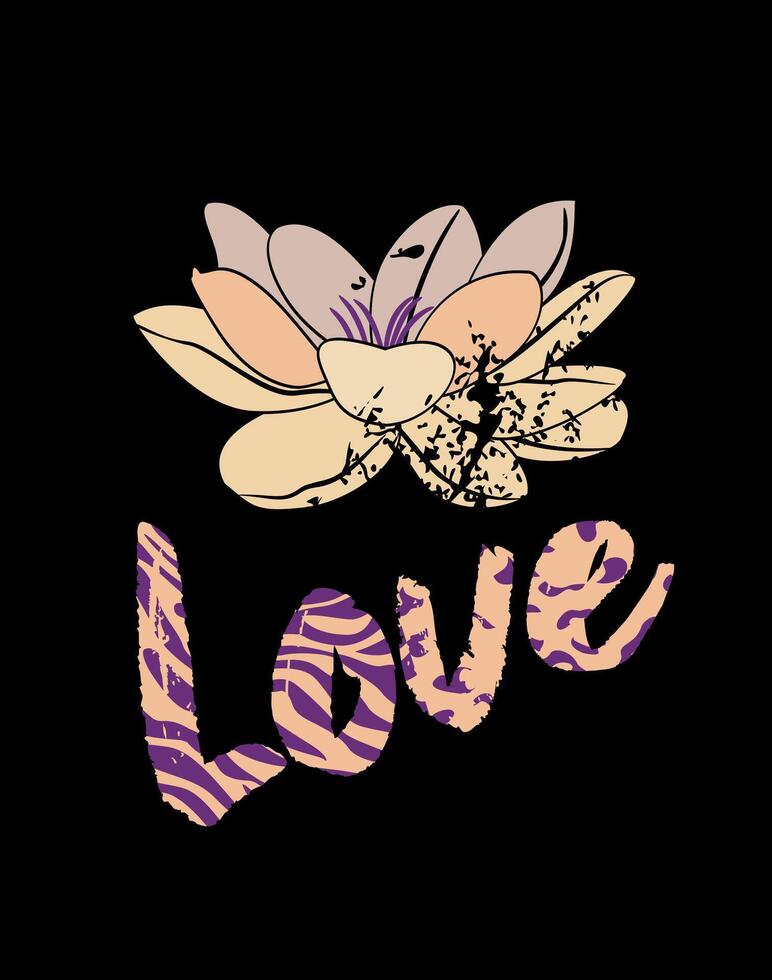 Love. Lotus flower and word t-shirt design in animal print on a black background. vector