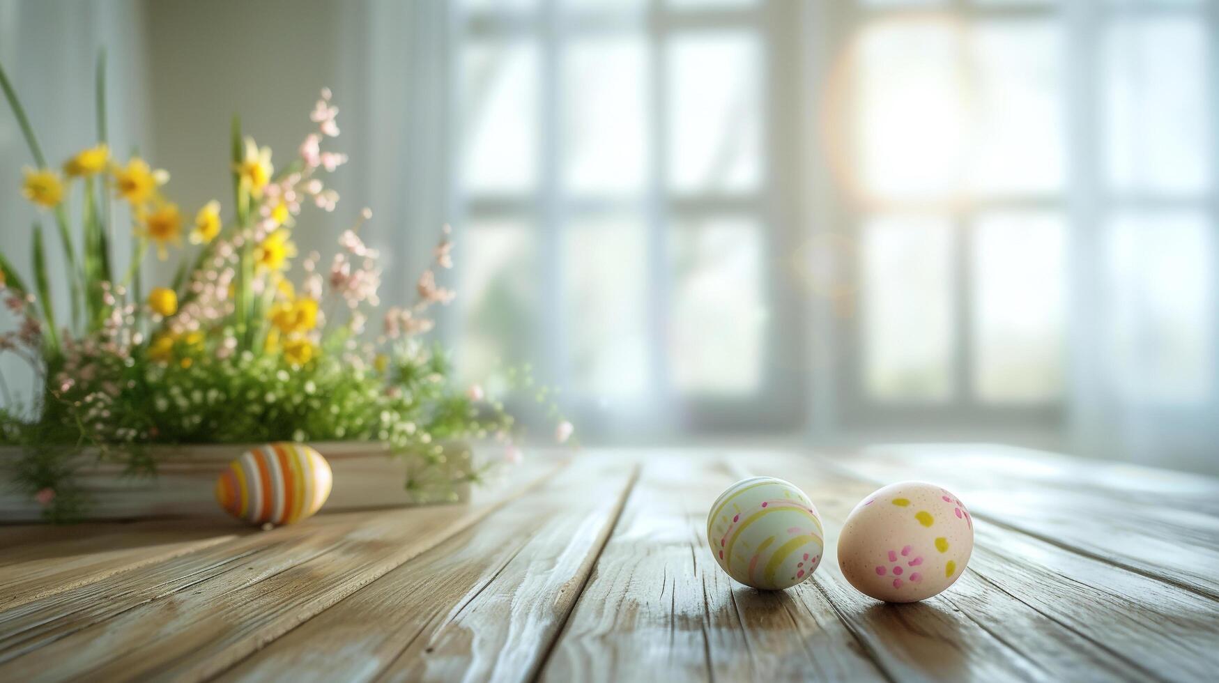 AI generated Abstract wooden tabletop with easter eggs and flower, copy space over blurred window interior background, display for product montage photo