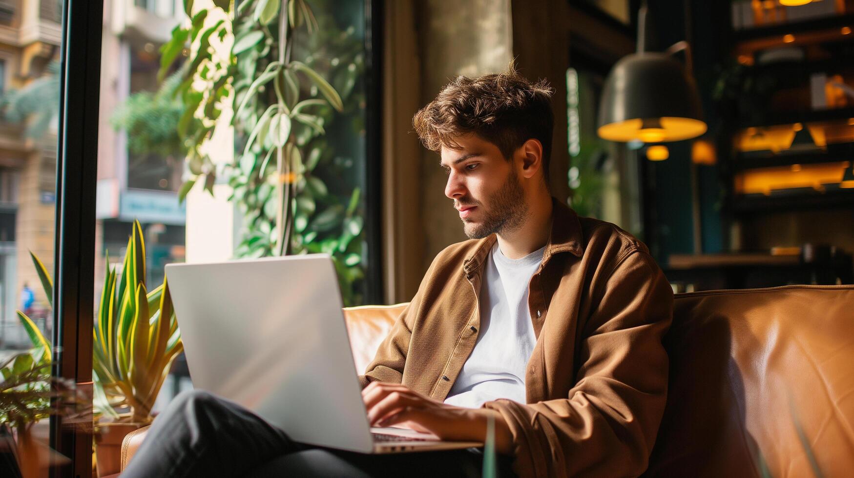 AI generated Digital nomad young man using laptop computer at the cafe, working remote and technology concept photo