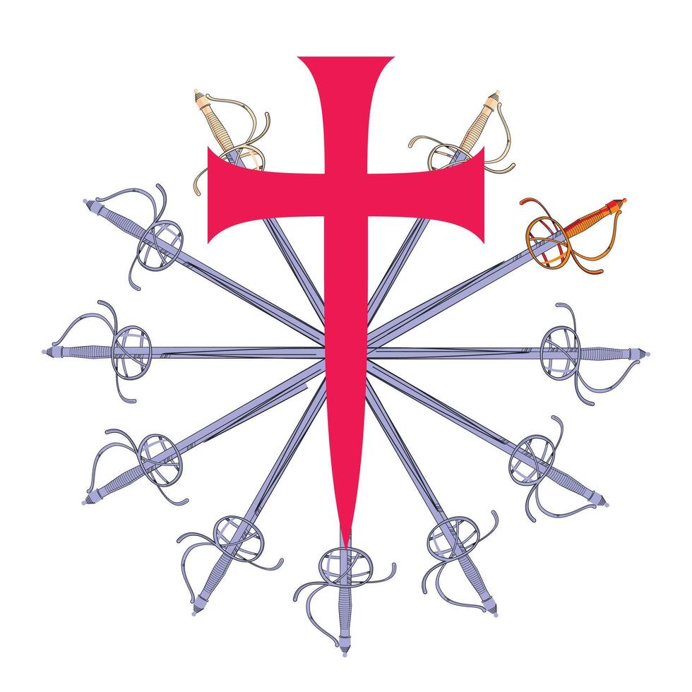 T-shirt design of a large medieval cross with a set of Renaissance swords in a circle. vector