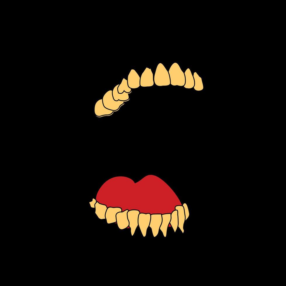 T-shirt design of an open mouth with yellowish teeth and a red tongue on a black background. Minimalist vector illustration.