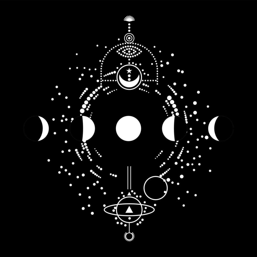 T-shirt design for moon phases on a black background and abstract figures. vector