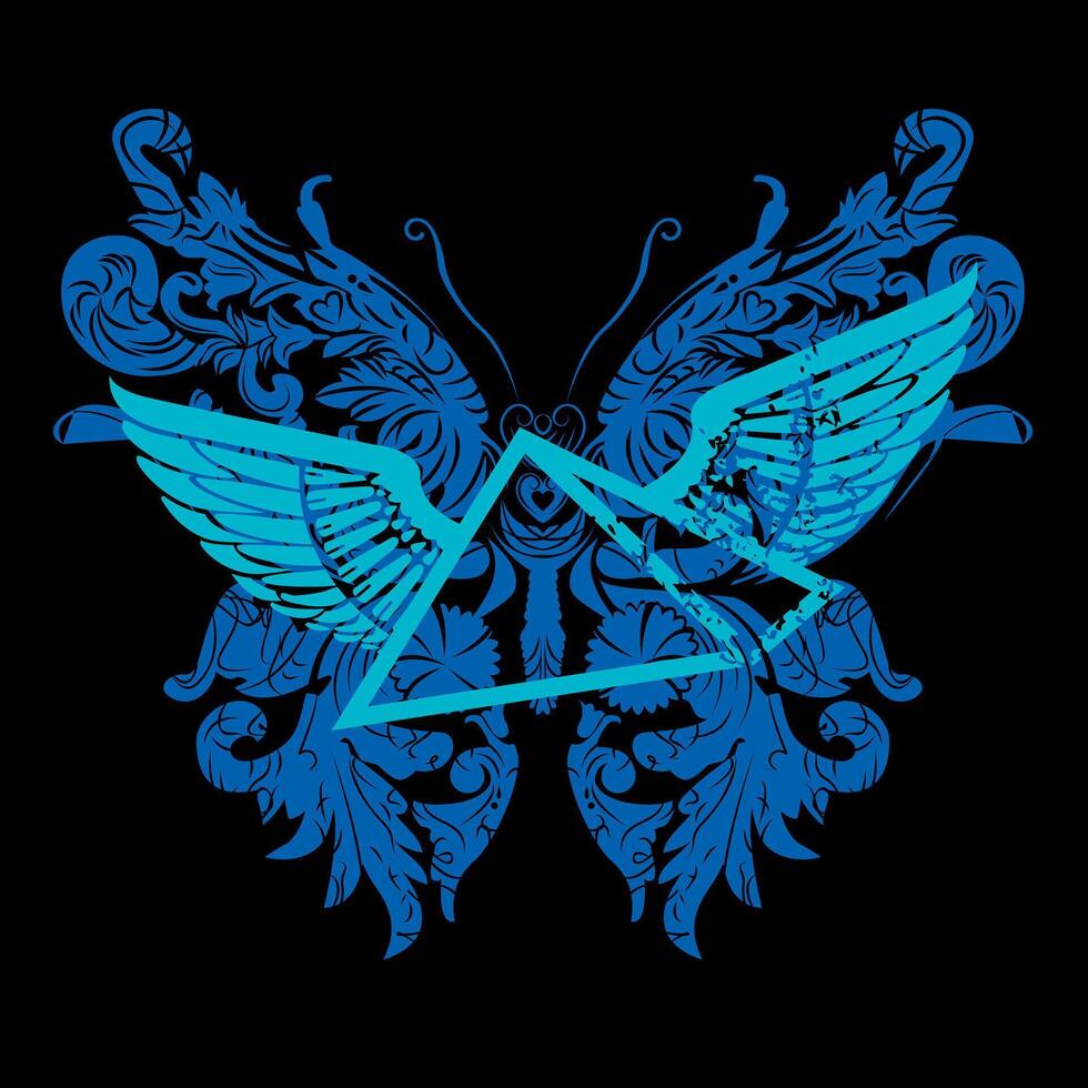 pirámide camiseta diseño con alas y un azul mariposa en un negro antecedentes. vector