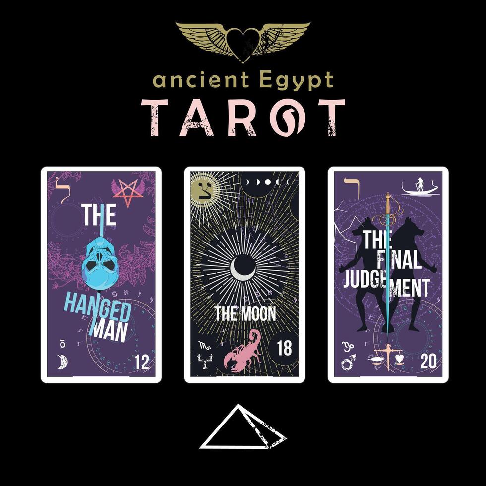 Tarot of ancient Egypt. T-shirt design with three Egyptian tarot cards on a black background. Winged heart vector