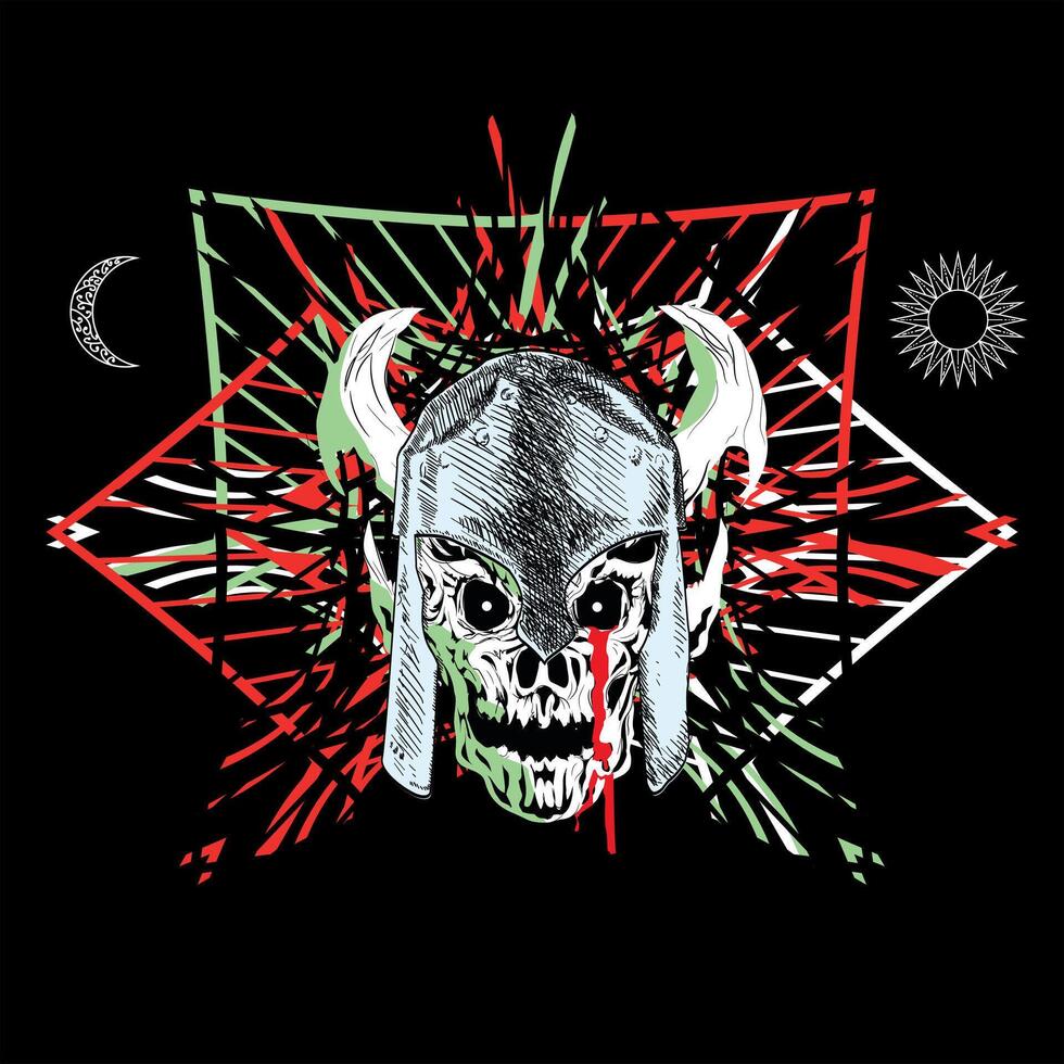 T-shirt design of a skull with a helmet with horns and the symbols of the sun and the moon on a black background. Demonic image. vector