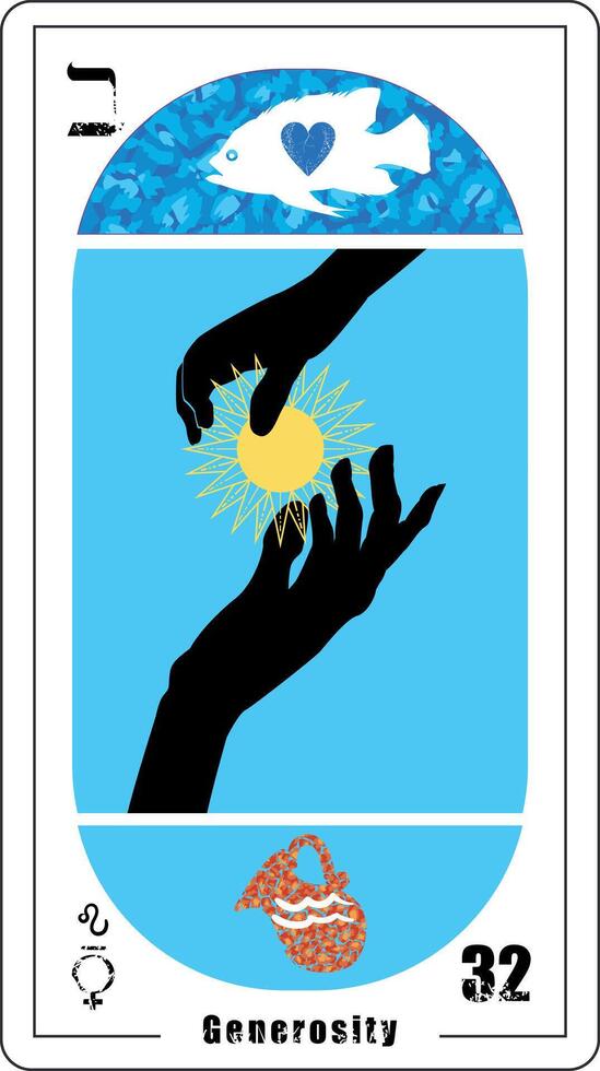 egipcio tarot tarjeta número treinta y dos, llamado generosidad. siluetas de dos manos. hebreo letra llamado monja y mercurio en León. vector