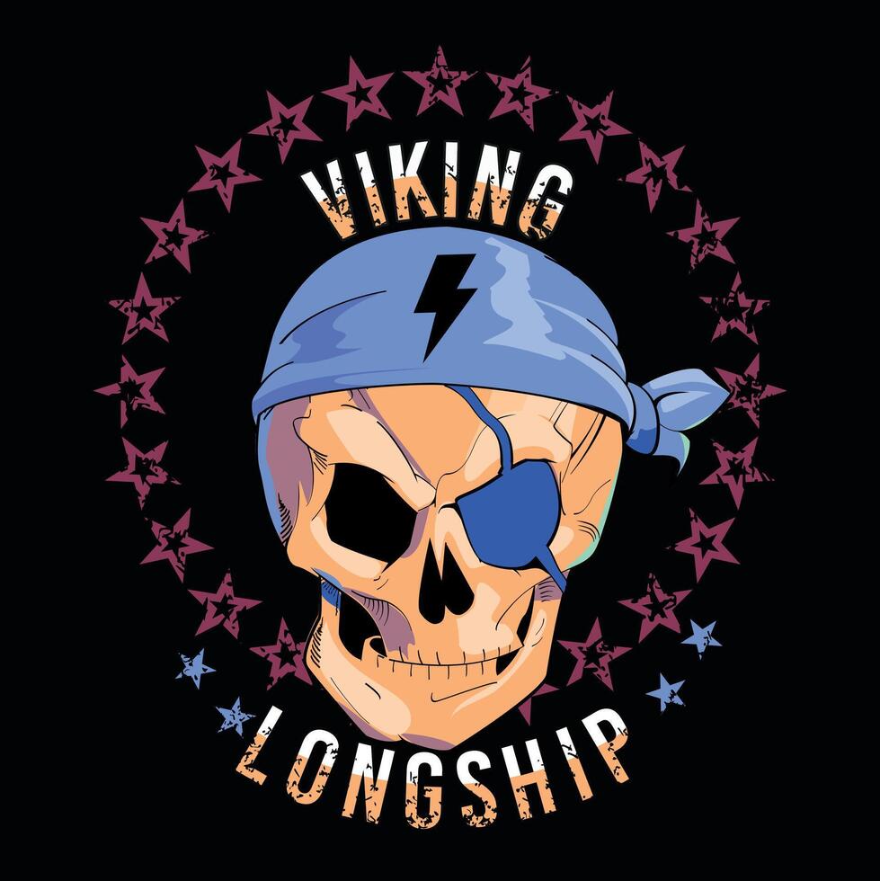 Viking longship. Pirate skull t-shirt design with one eye patch and thunderbolt symbol on a black background. vector
