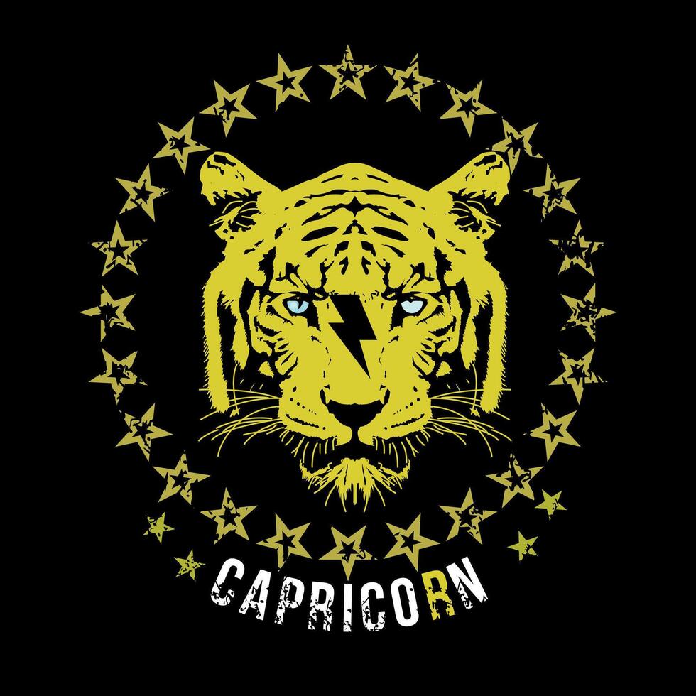 Capricorn. T-shirt design of a tiger head surrounded by a circle of stars on a black background and the symbol of thunder. vector