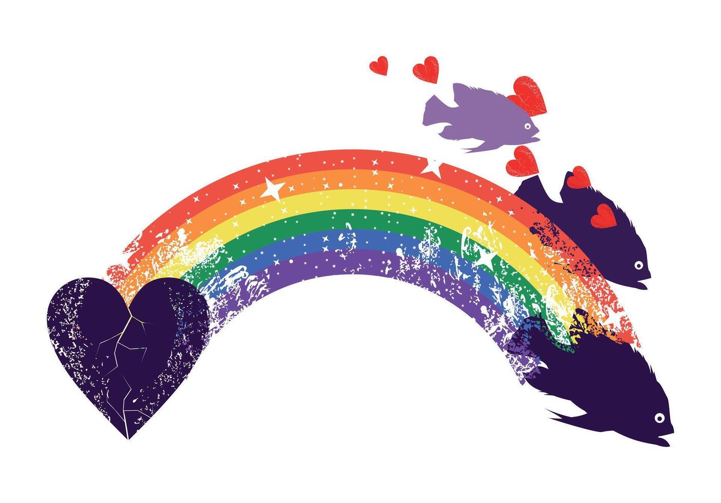 camiseta imagen de un arco iris con un corazón y un grupo de pez. gay orgullo. vector