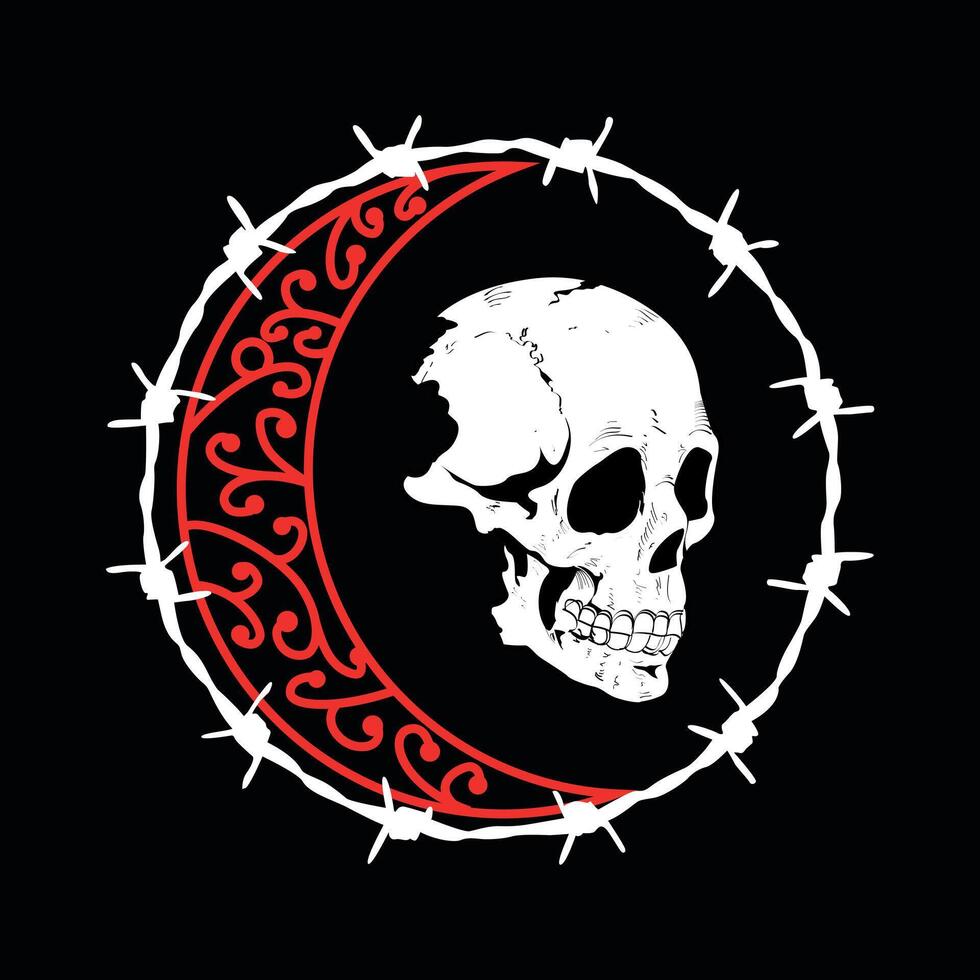 T-shirt design of a skull surrounded by barbed wire and a red crescent on a black background. vector