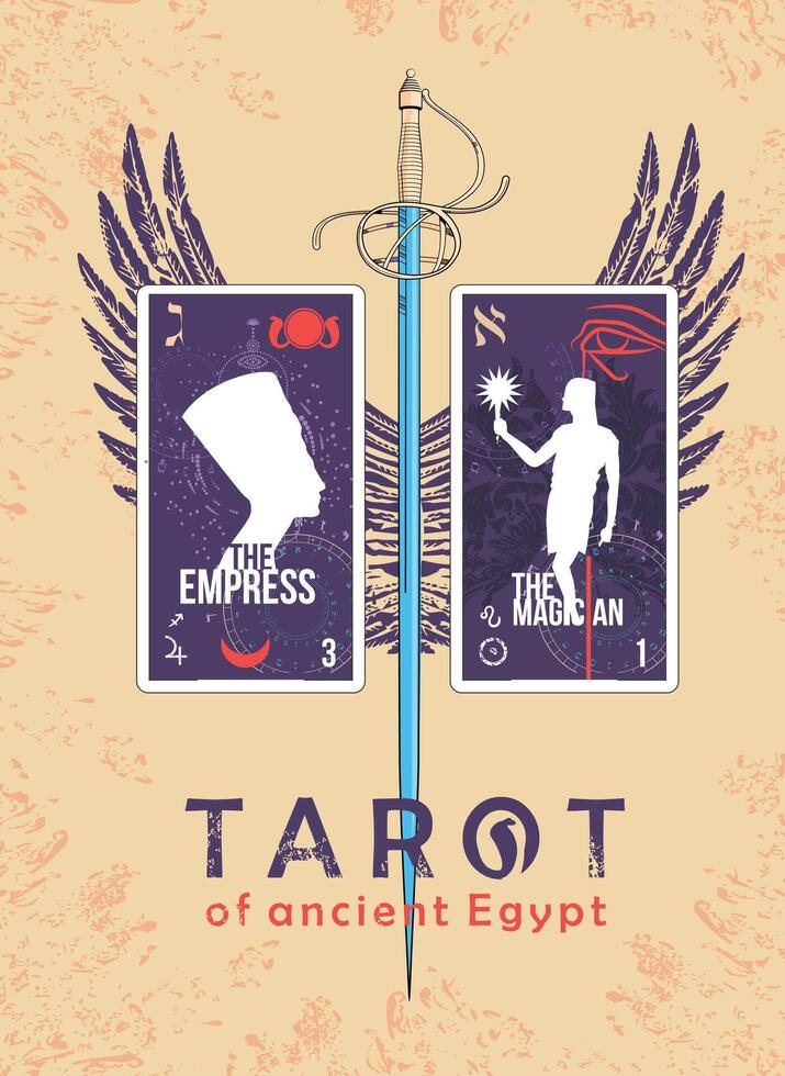 Tarot of ancient Egypt. T-shirt design of a winged sword and two cards called The Empress and The Magician on a sandy background. vector