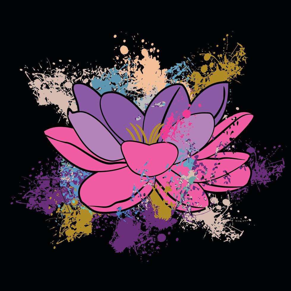 Lotus flower t-shirt design in pink tones on a black background. Illustration good for Buddhism and Hindu culture. vector