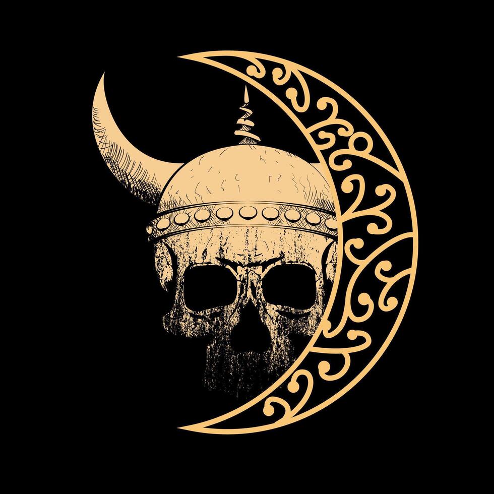 T-shirt design of a Viking skull peeking out from behind a half moon on a black background. vector