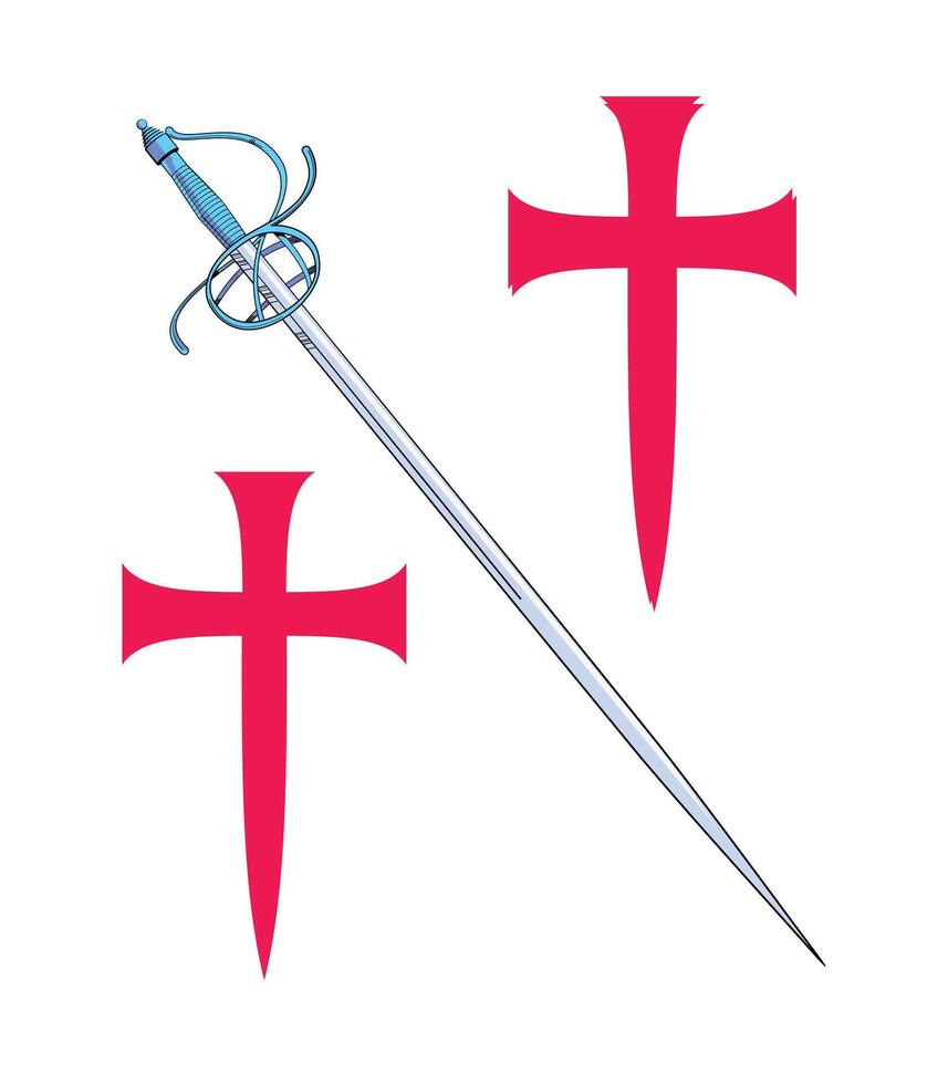 T-shirt design of two large medieval crosses next to an ancient inclined sword. Illustration for cavalry themes. vector