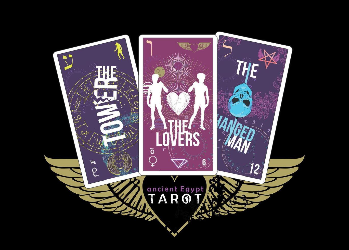 Ancient Egyptian Tarot. T-shirt design featuring three Egyptian tarot cards along with a heart symbol with wings. vector
