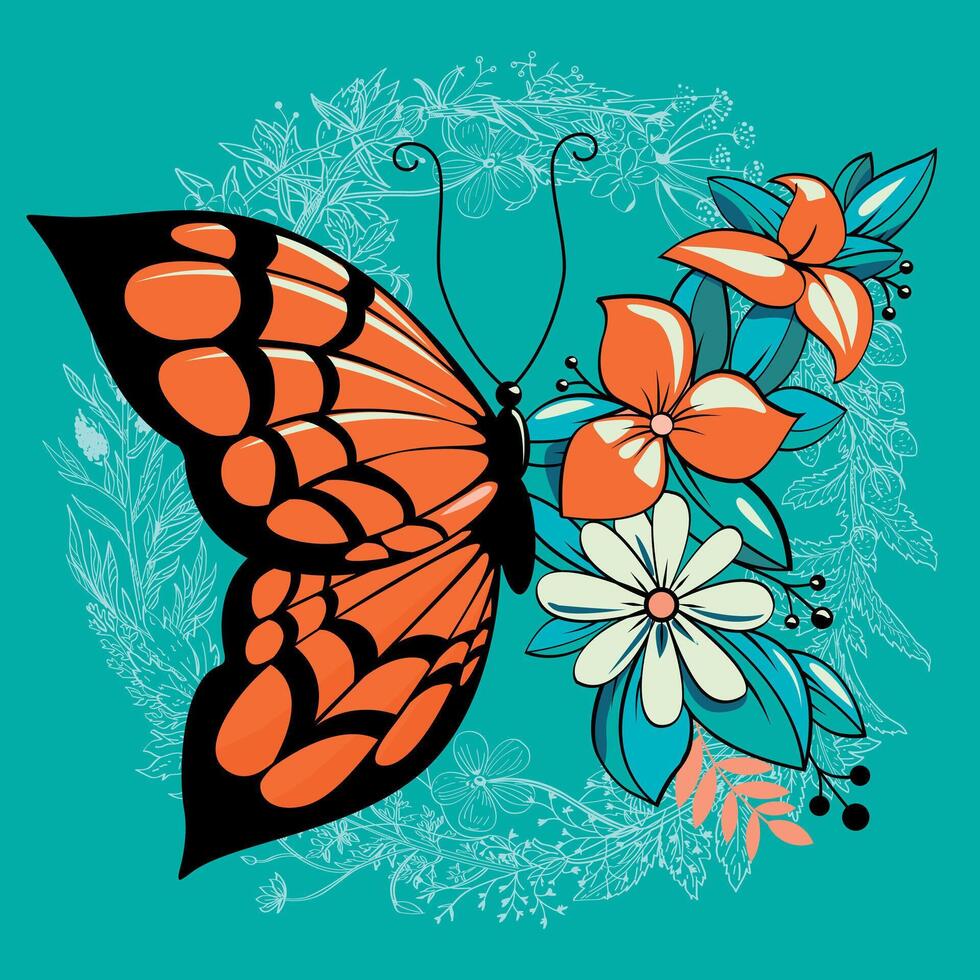 t-shirt design of a butterfly mixed with flowers. vector