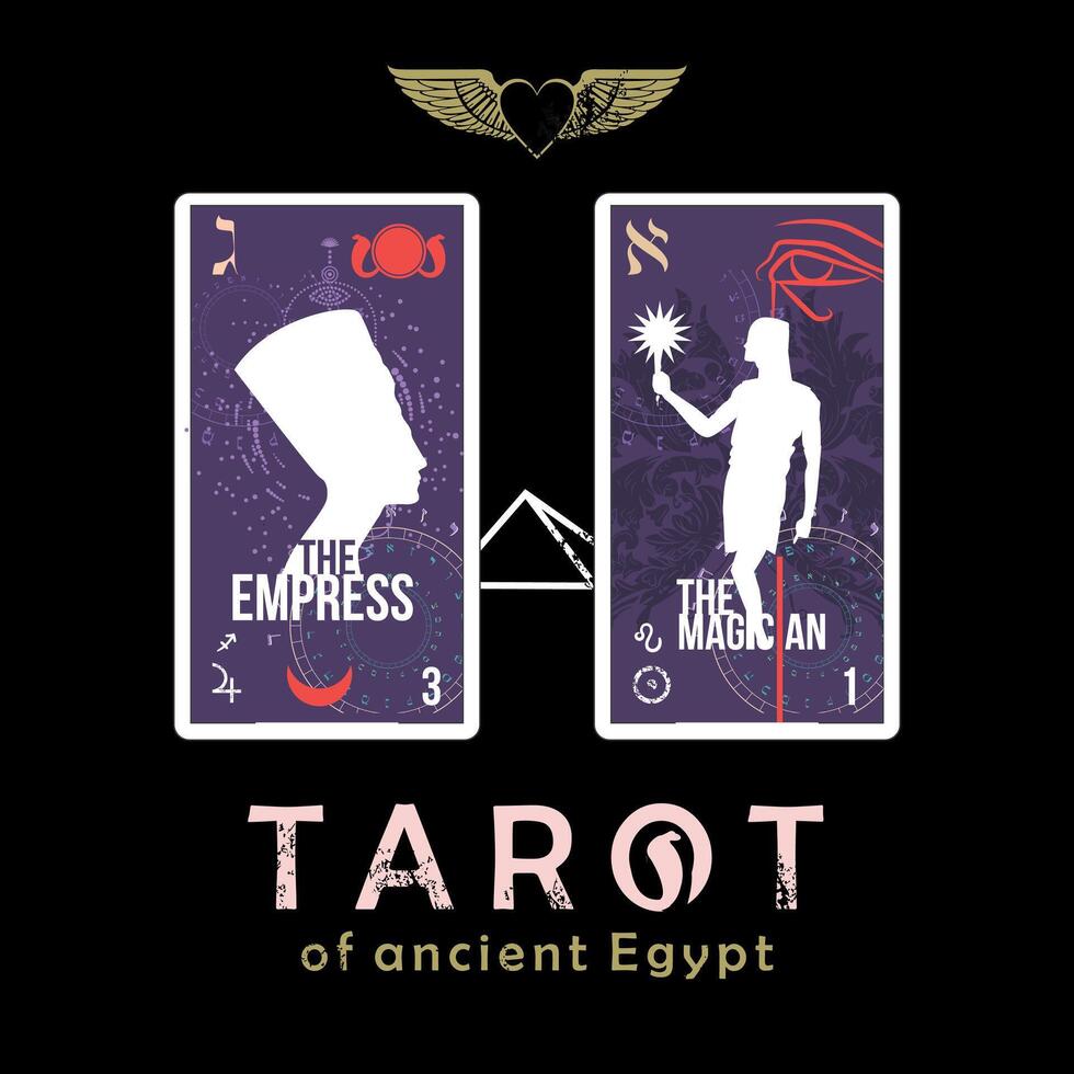 Tarot of ancient Egypt. T-shirt design of the cards called The Empress and The Magician on a black background. Winged heart vector